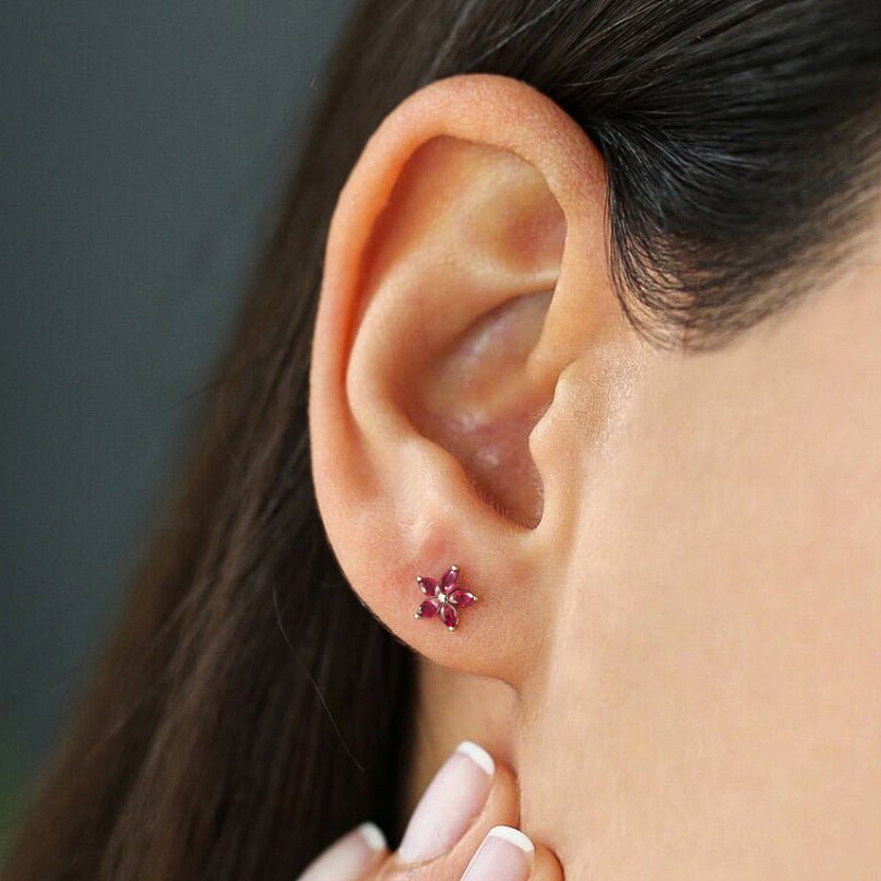 Marquise Tone Natural Ruby Flower Stud Earrings - Goodstone Jewels