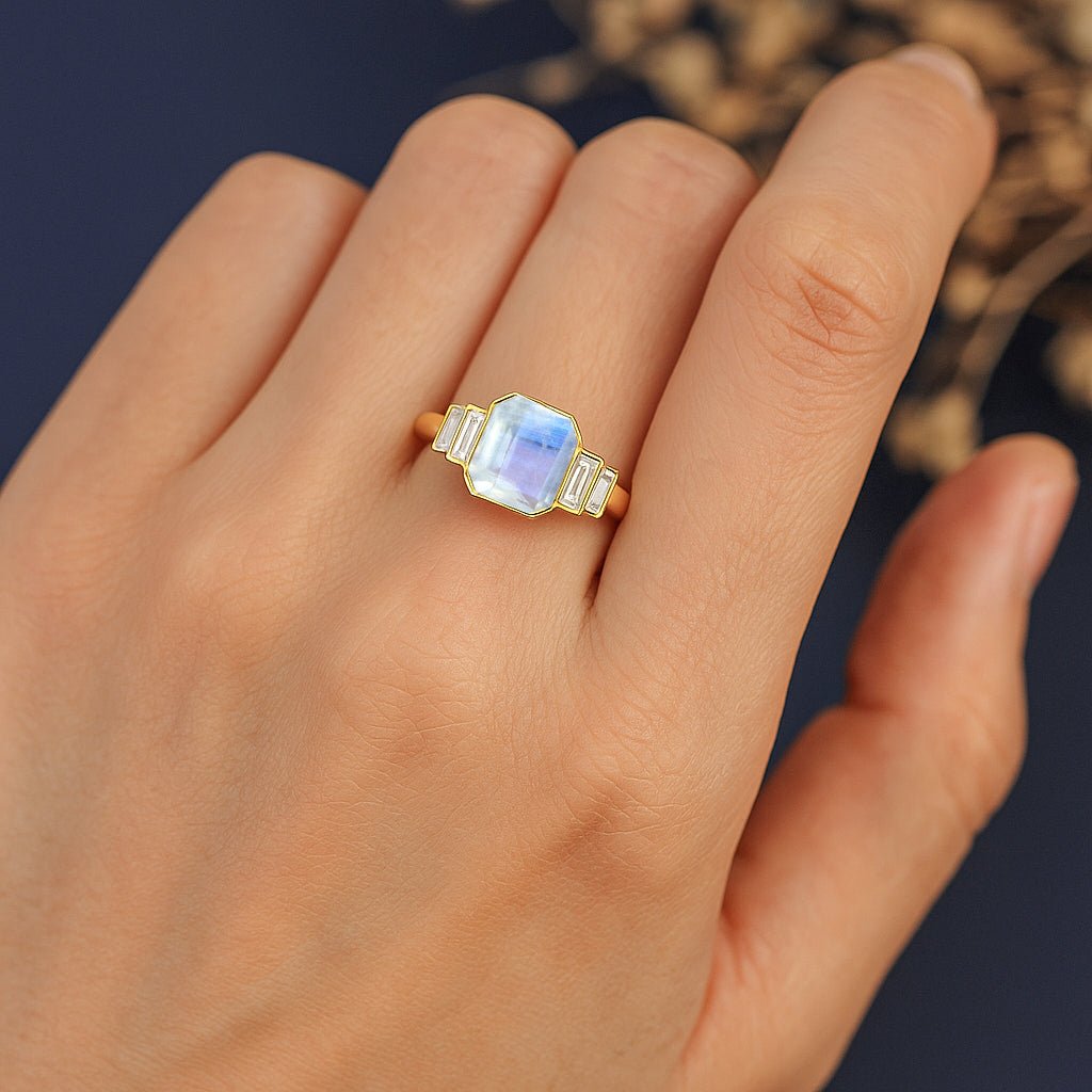 Moonstone Stackable Ring in Sterling Silver & Gold Plated October Birthstone - Goodstone Jewels