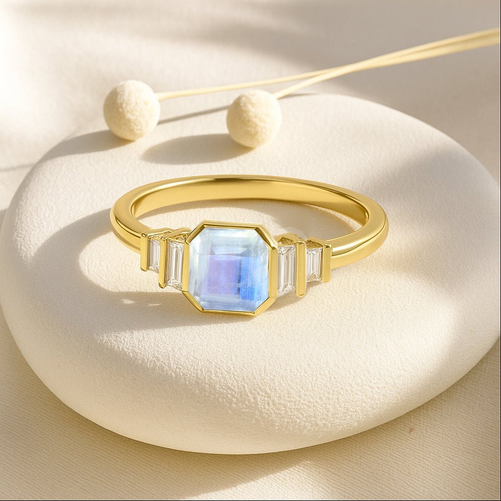 Moonstone Stackable Ring in Sterling Silver & Gold Plated October Birthstone - Goodstone Jewels