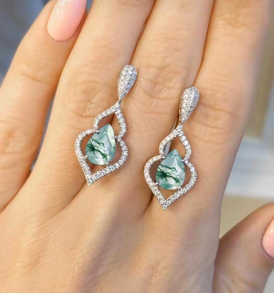 Moss Agate Gemstone Stylish Stud and Drop Earring - Goodstone Jewels
