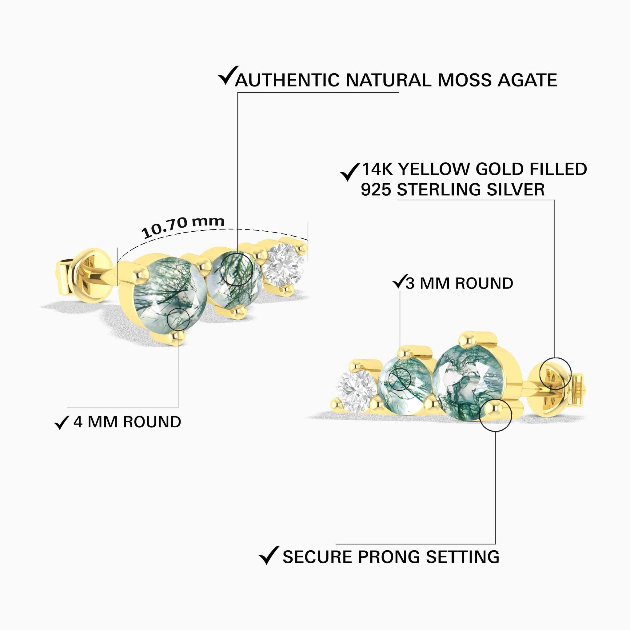 Moss Agate Three Round Gemstone Stud Earring - Goodstone Jewels