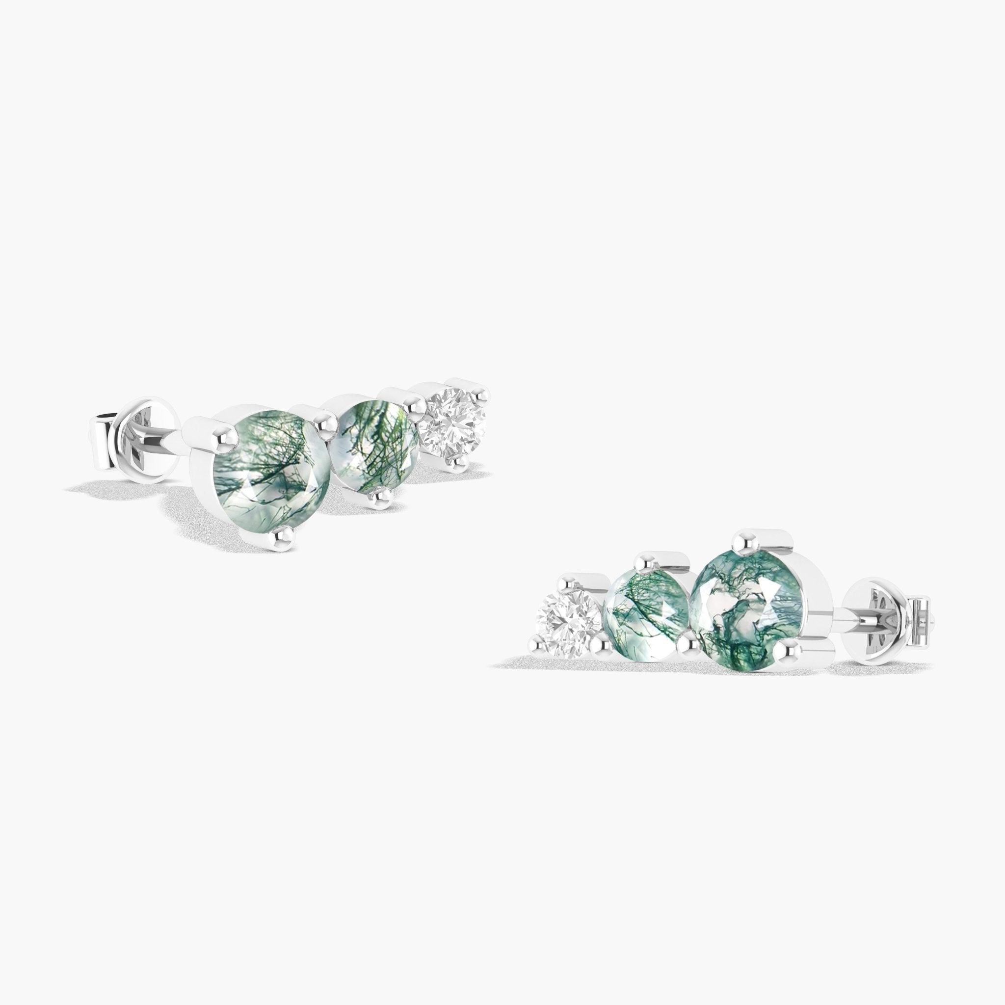 Moss Agate Three Round Gemstone Stud Earring - Goodstone Jewels
