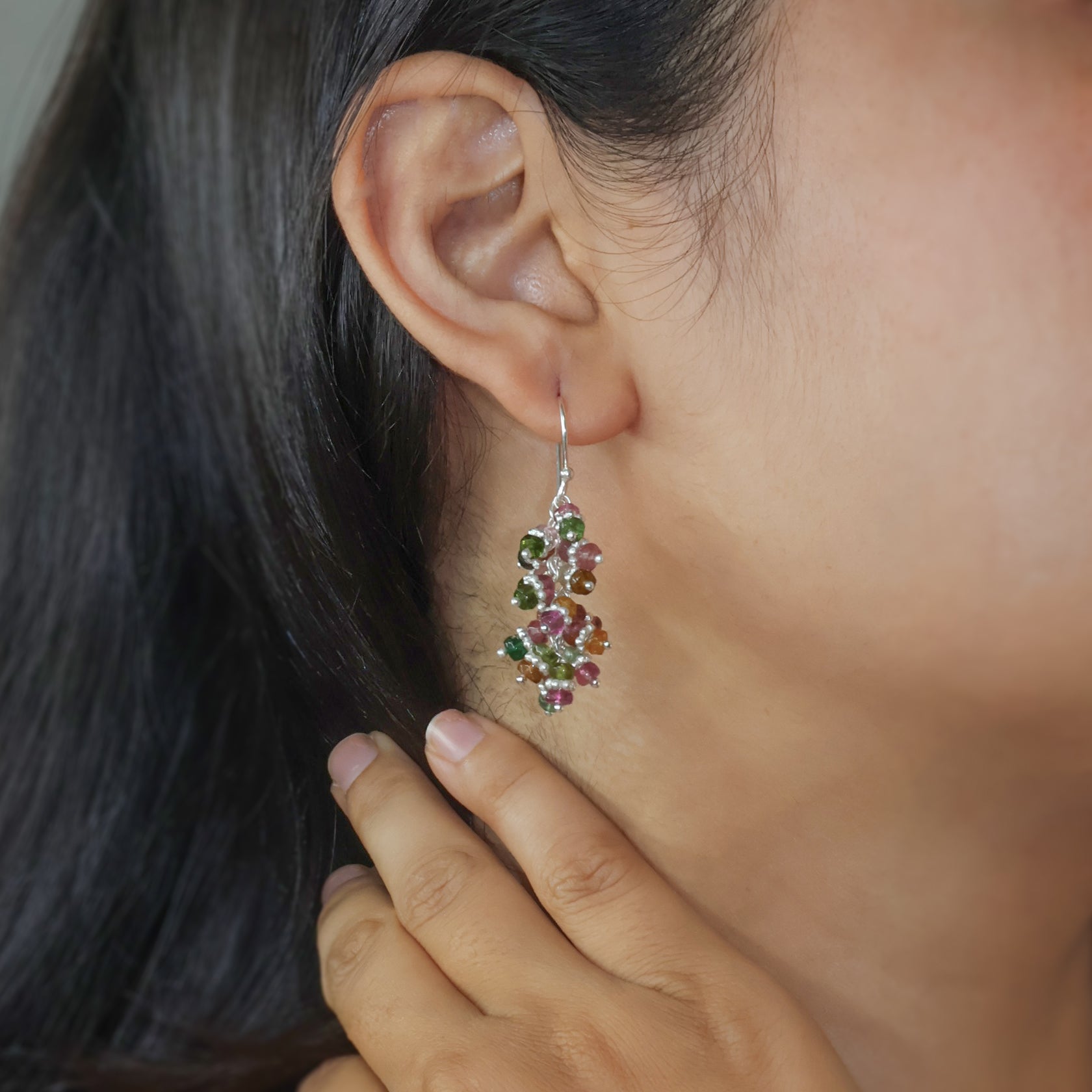 Multi Tourmaline Beads Chakri Style Cluster Earrings - Goodstone Jewels