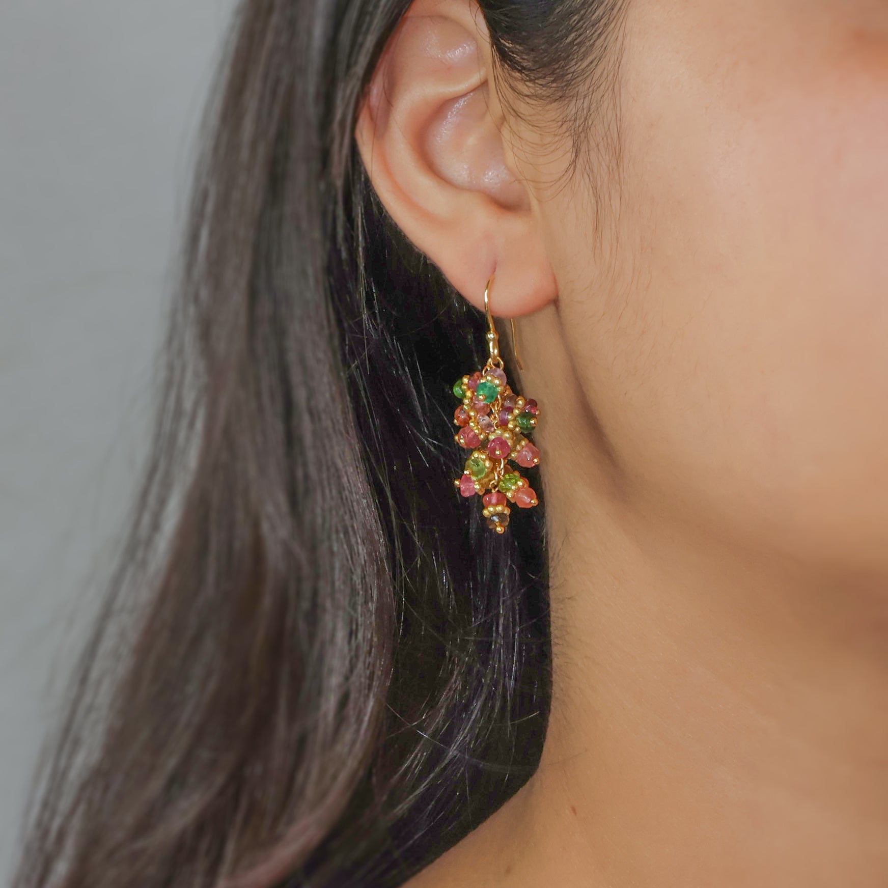 Multi Tourmaline Beads Chakri Style Cluster Earrings - Goodstone Jewels