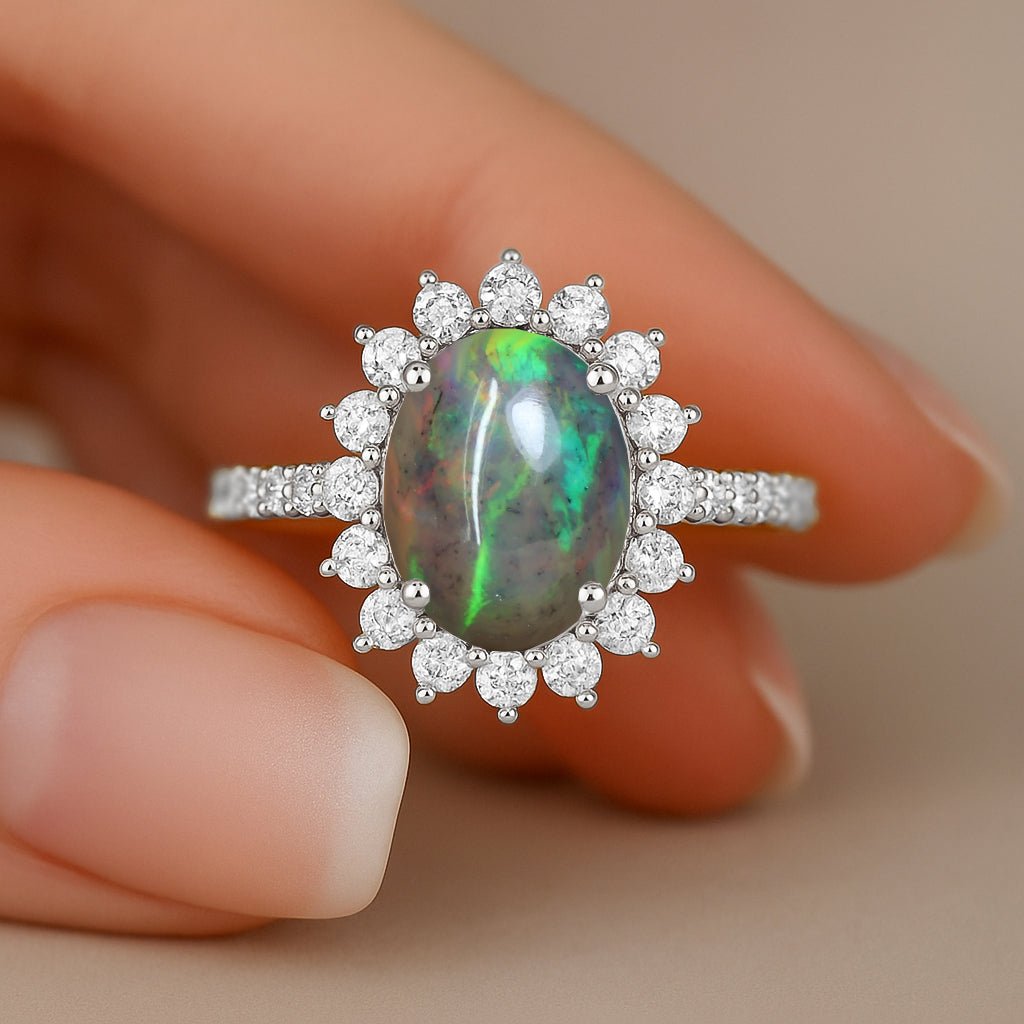 Multifire Black Opal Gemstone Halo Style Ring - Goodstone Jewels