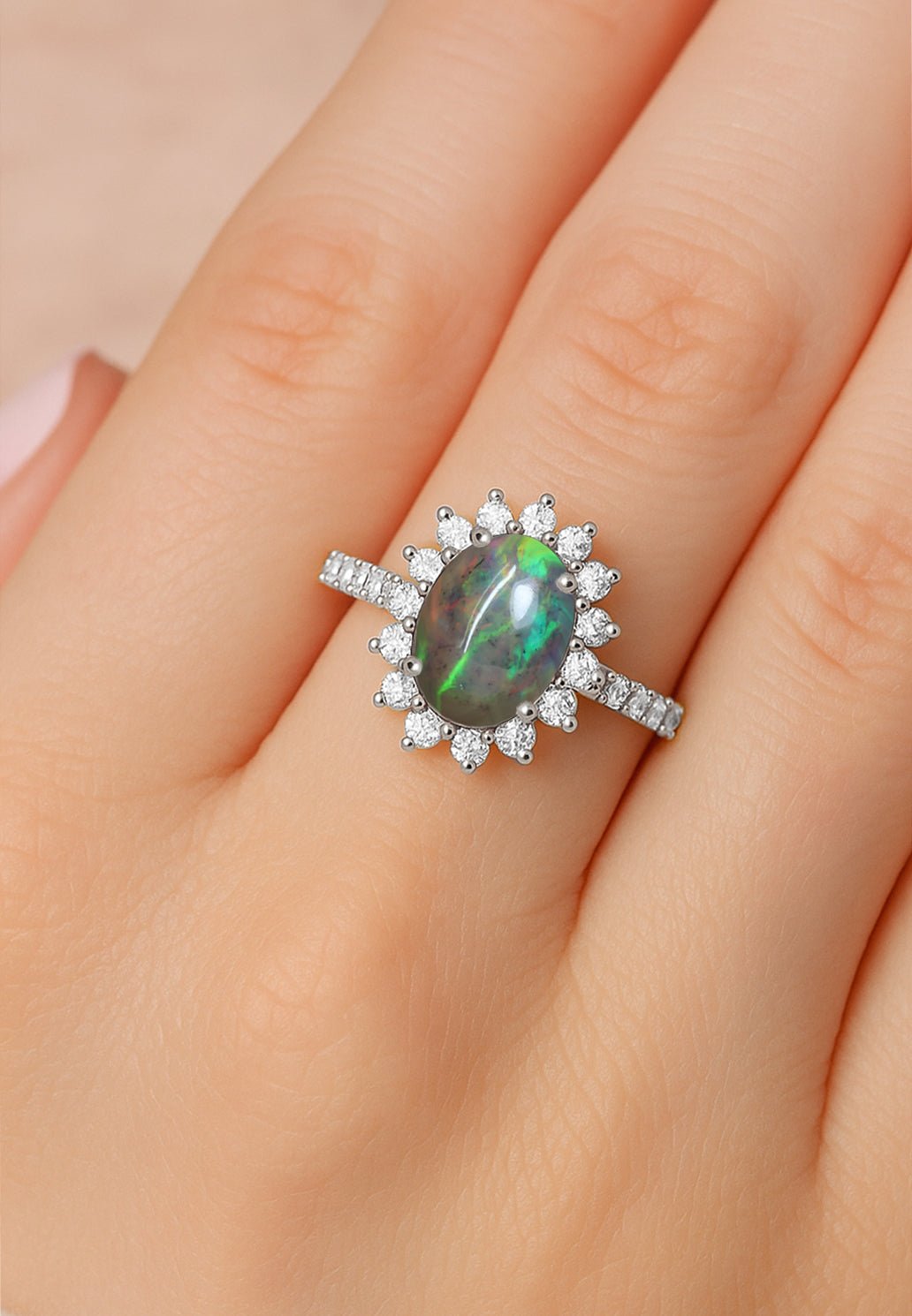 Multifire Black Opal Gemstone Halo Style Ring - Goodstone Jewels