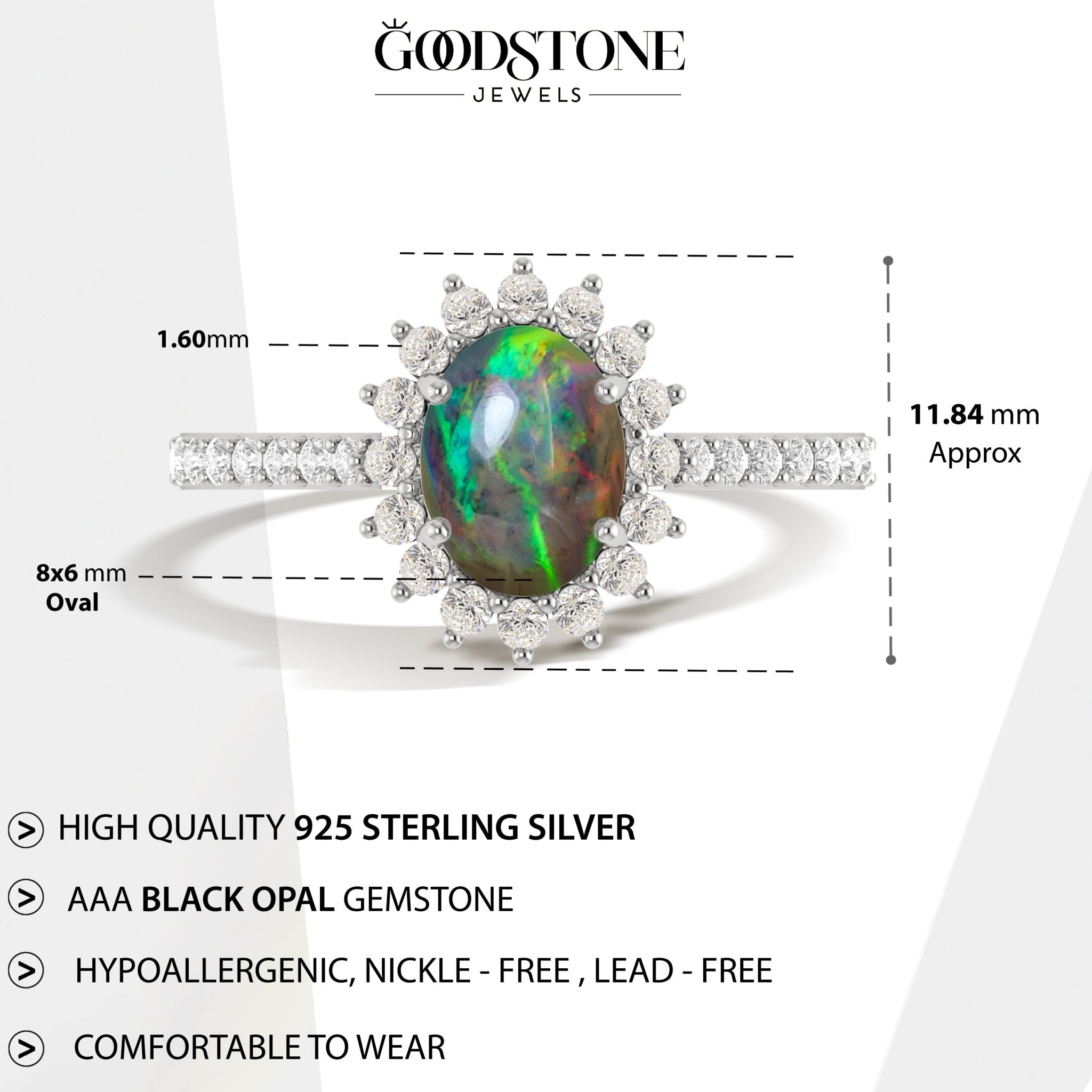Multifire Black Opal Gemstone Halo Style Ring - Goodstone Jewels