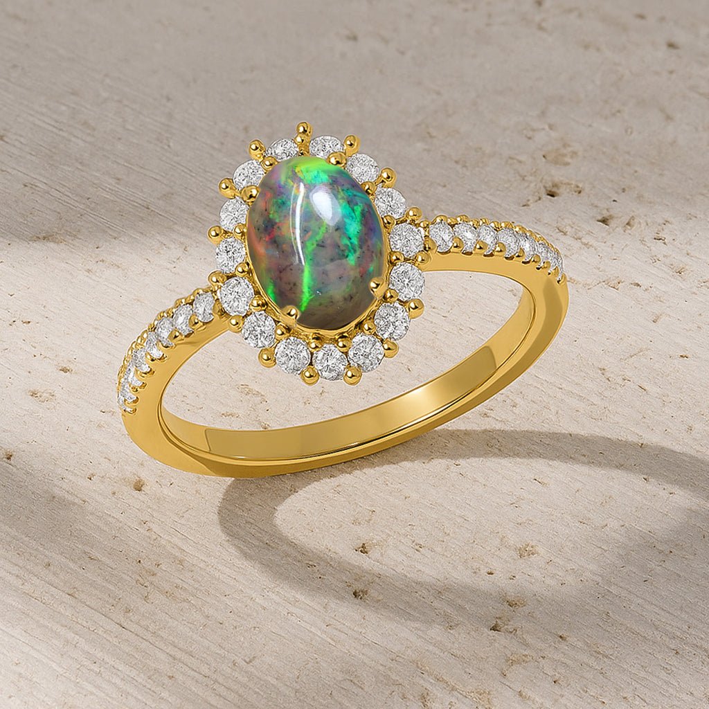 Multifire Black Opal Gemstone Halo Style Ring - Goodstone Jewels