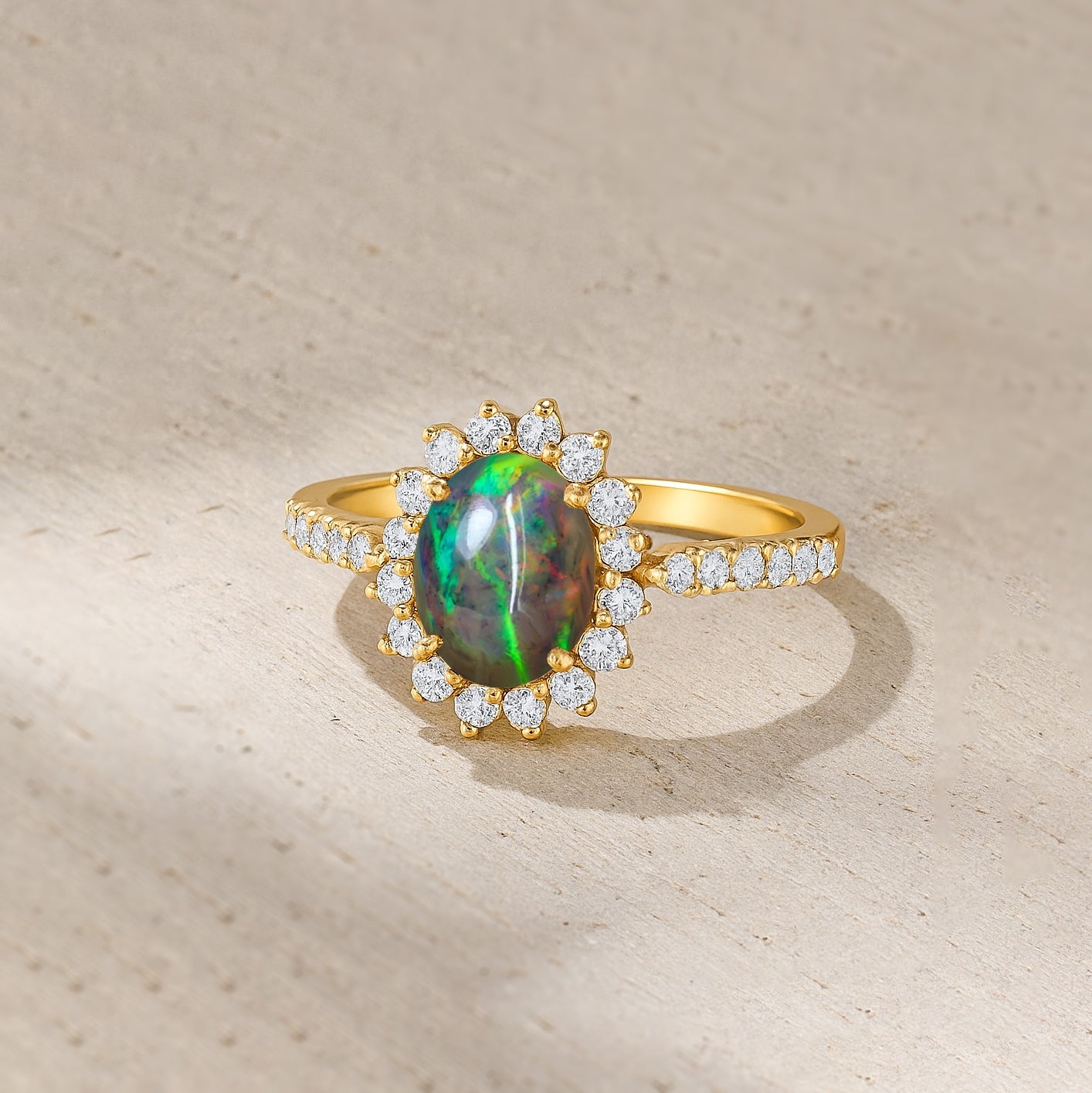 Multifire Black Opal Gemstone Halo Style Ring - Goodstone Jewels