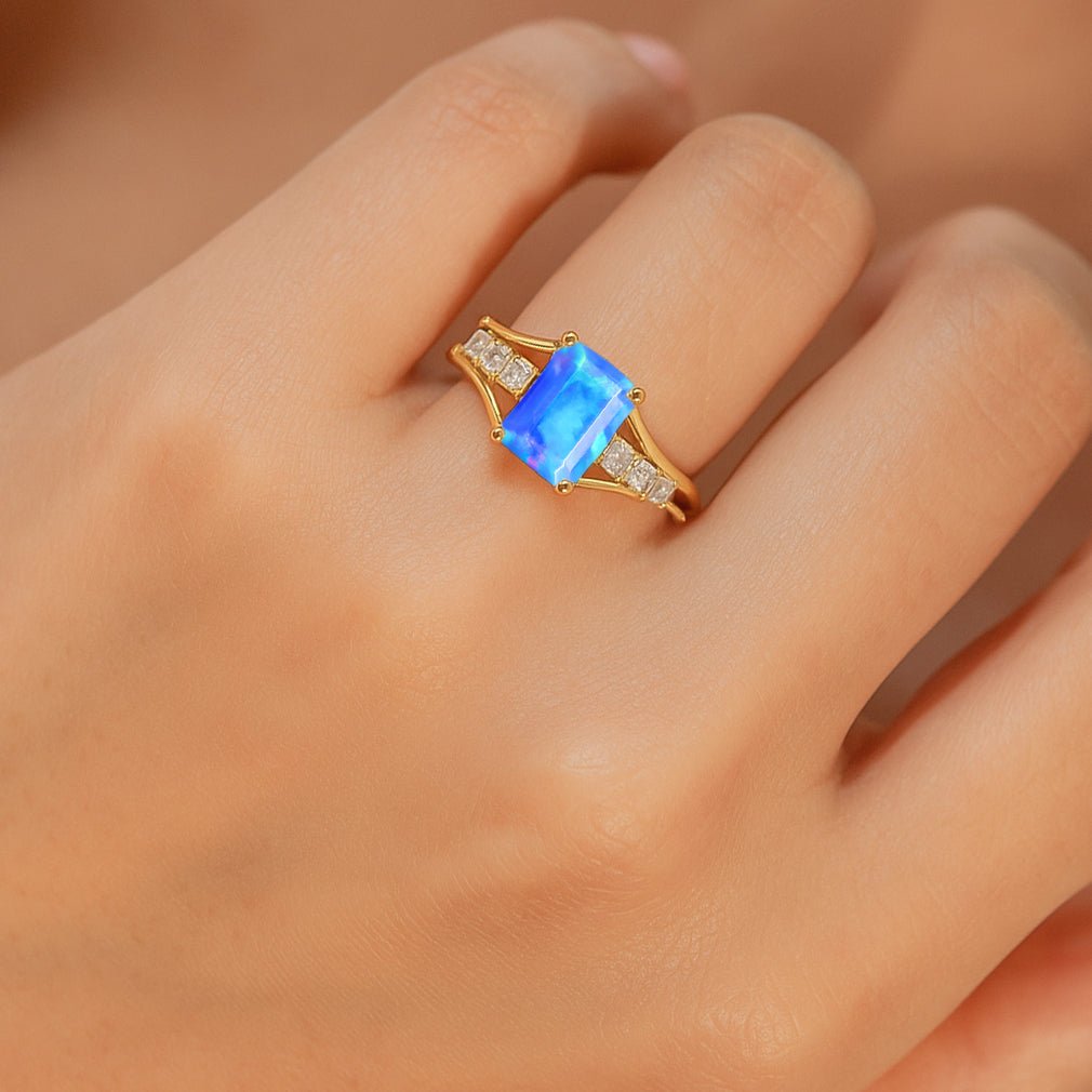 Multifire Blue Opal Octagon Gemstone Statement Ring - Goodstone Jewels
