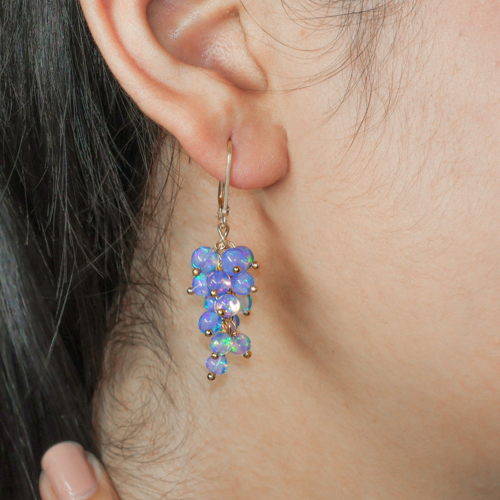 Multifire Lavender Opal Round Beads Cluster Earrings for Her - Goodstone Jewels