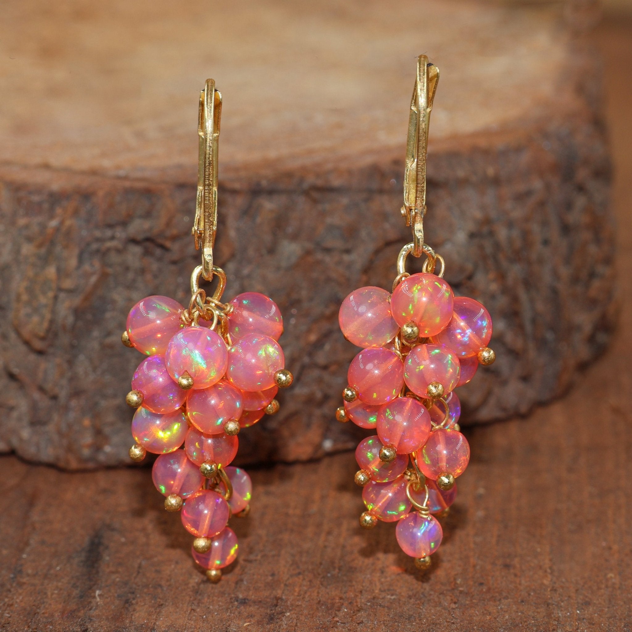 Multifire Red Opal Round Beads Cluster Earrings for Her - Goodstone Jewels