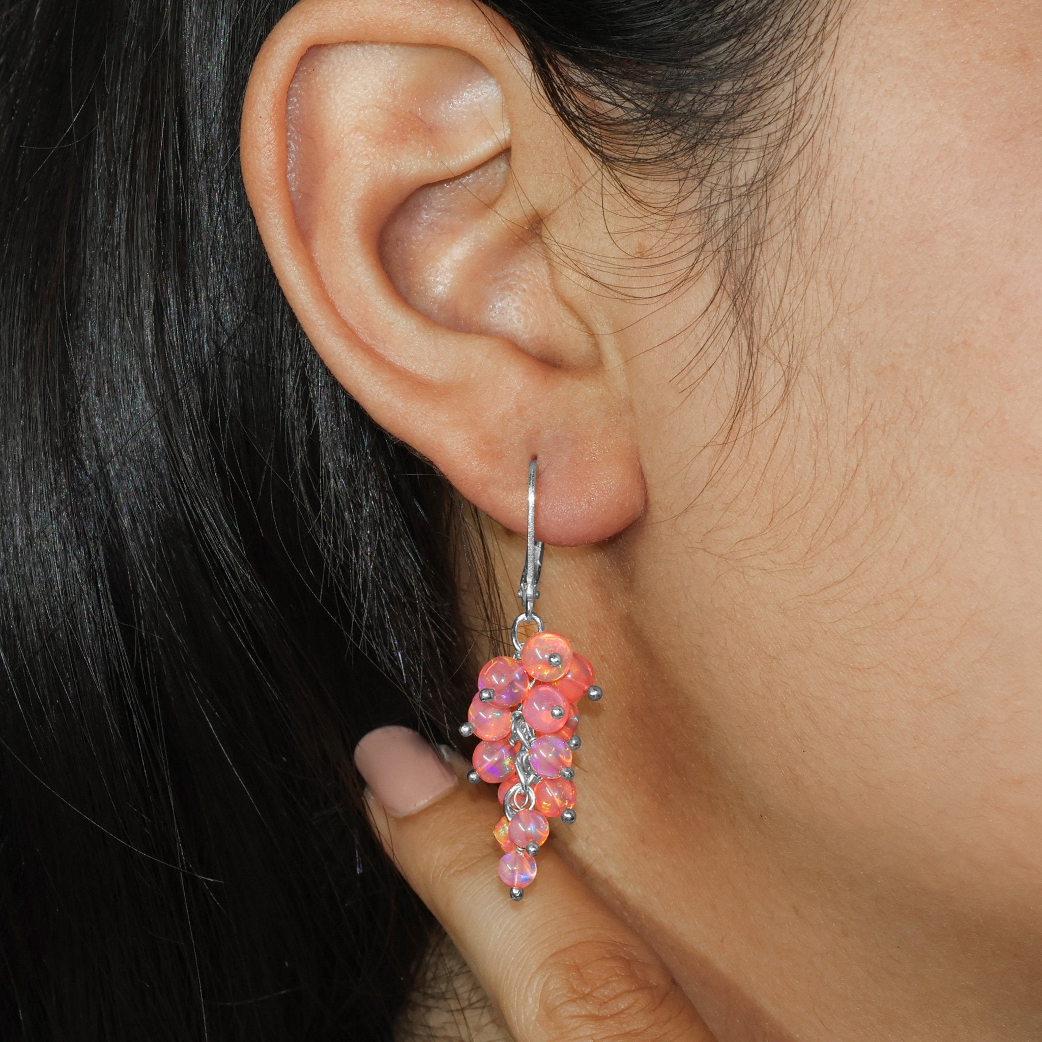 Multifire Red Opal Round Beads Cluster Earrings for Her - Goodstone Jewels