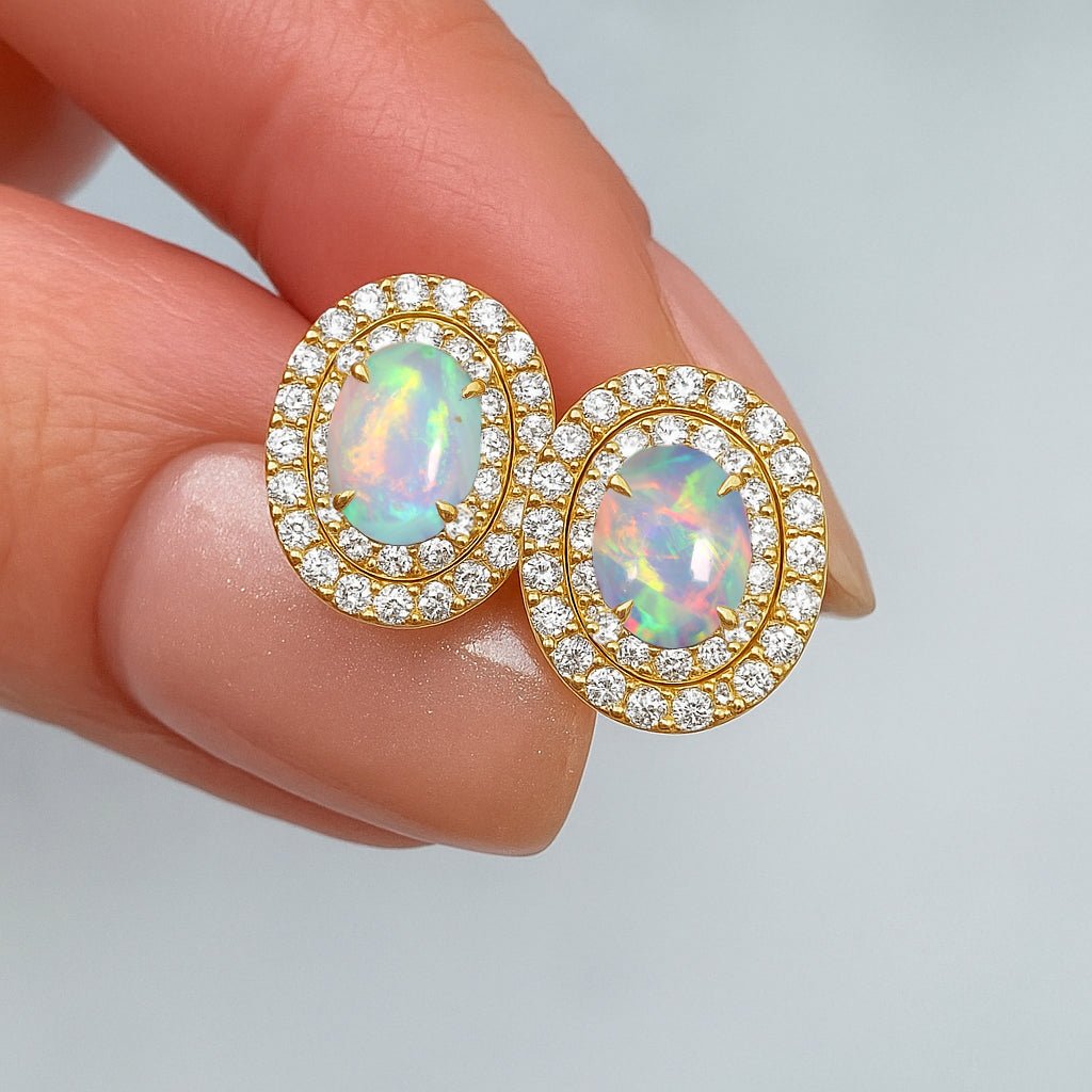 Multifire White Opal Push Back Stud Earrings for Her - Goodstone Jewels