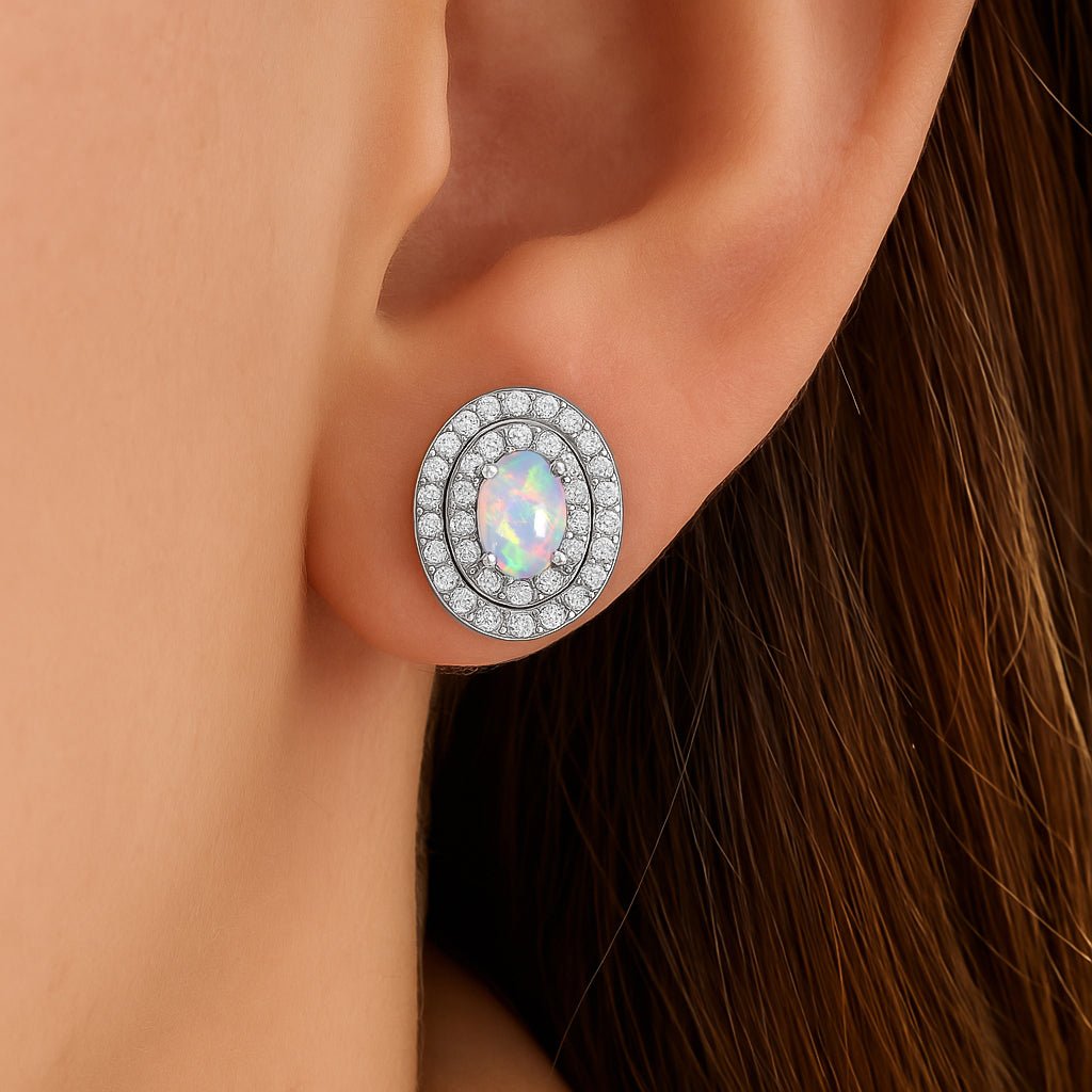 Multifire White Opal Push Back Stud Earrings for Her - Goodstone Jewels