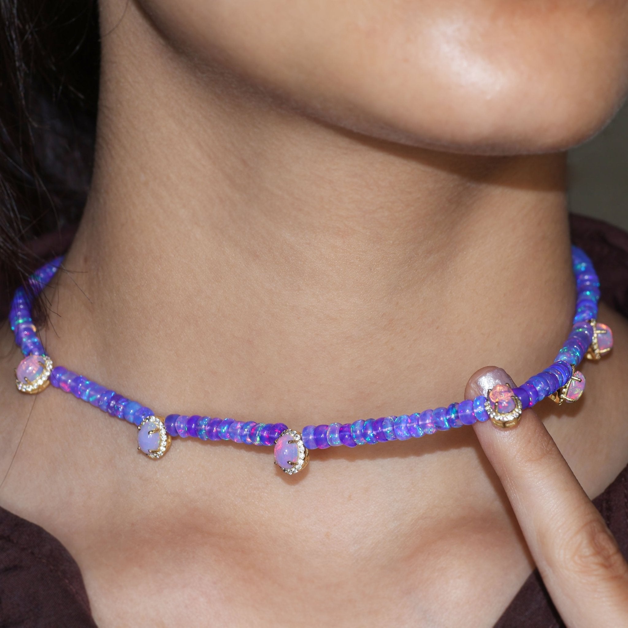 Multiple Oval Charm Plain Beaded Necklace Natural Lavender Opal - Goodstone Jewels