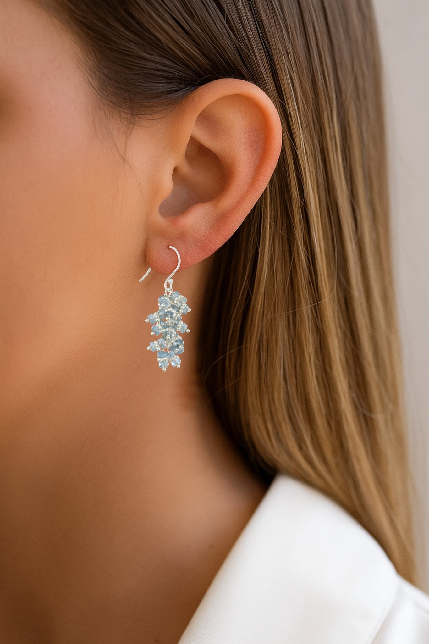 Natural Aquamarine Beads Chakri Style Cluster Earrings - Goodstone Jewels