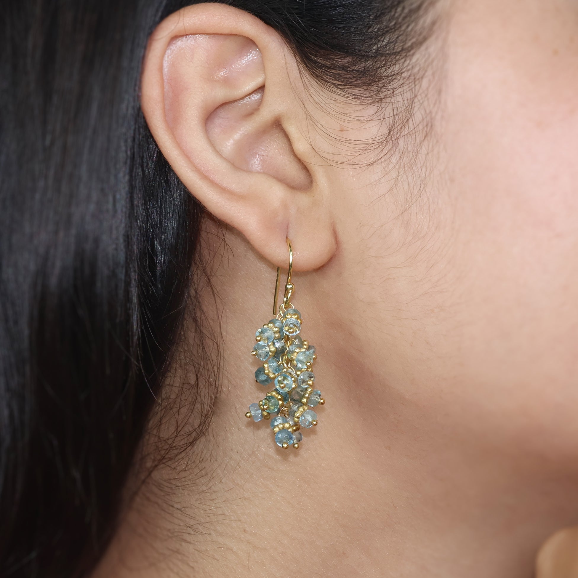 Natural Aquamarine Beads Chakri Style Cluster Earrings - Goodstone Jewels