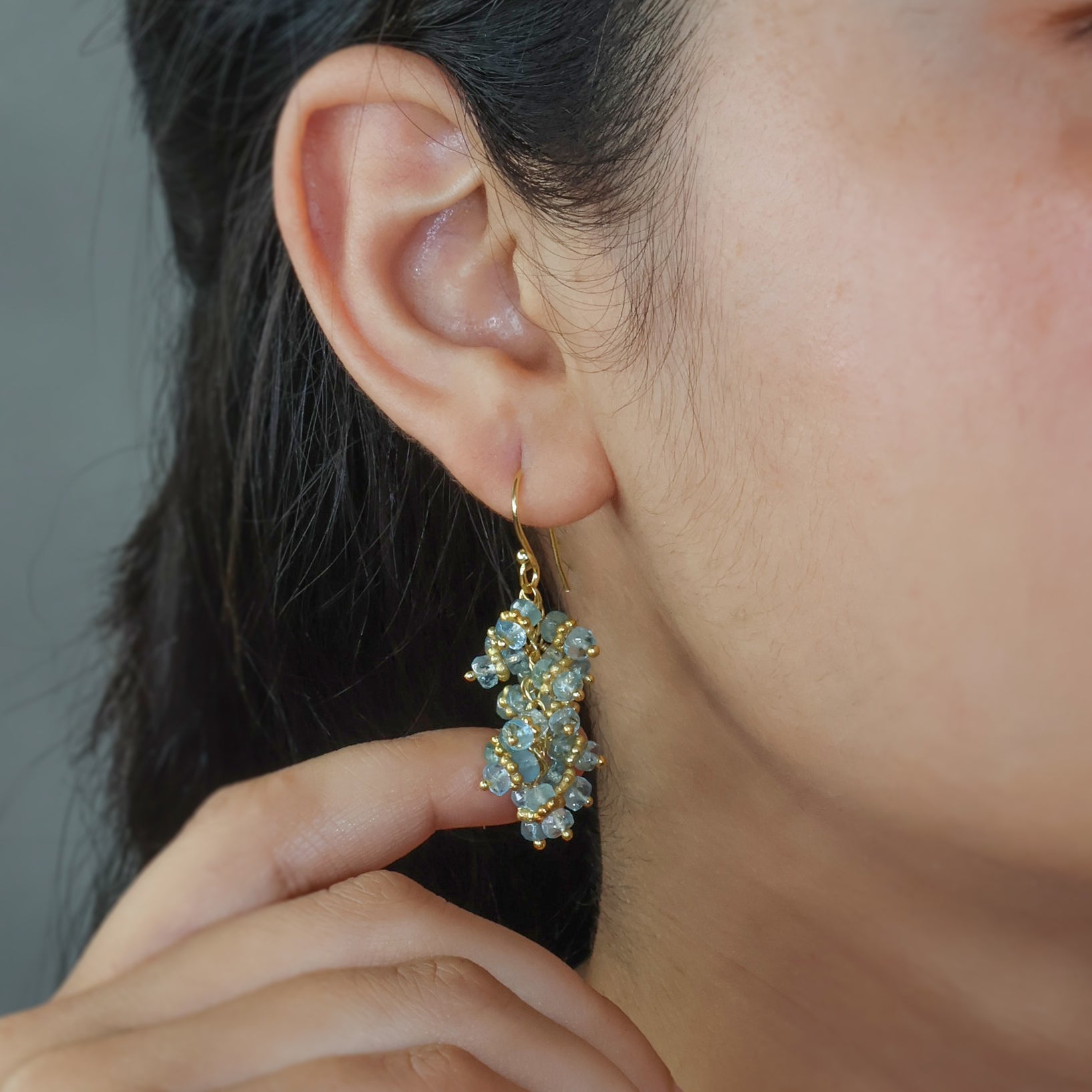 Natural Aquamarine Beads Chakri Style Cluster Earrings - Goodstone Jewels