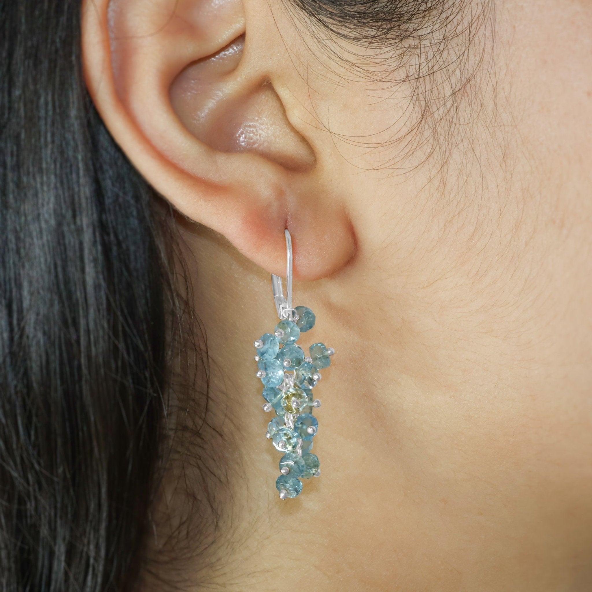 Natural Aquamarine Faceted Beads Cluster Earrings for Her - Goodstone Jewels