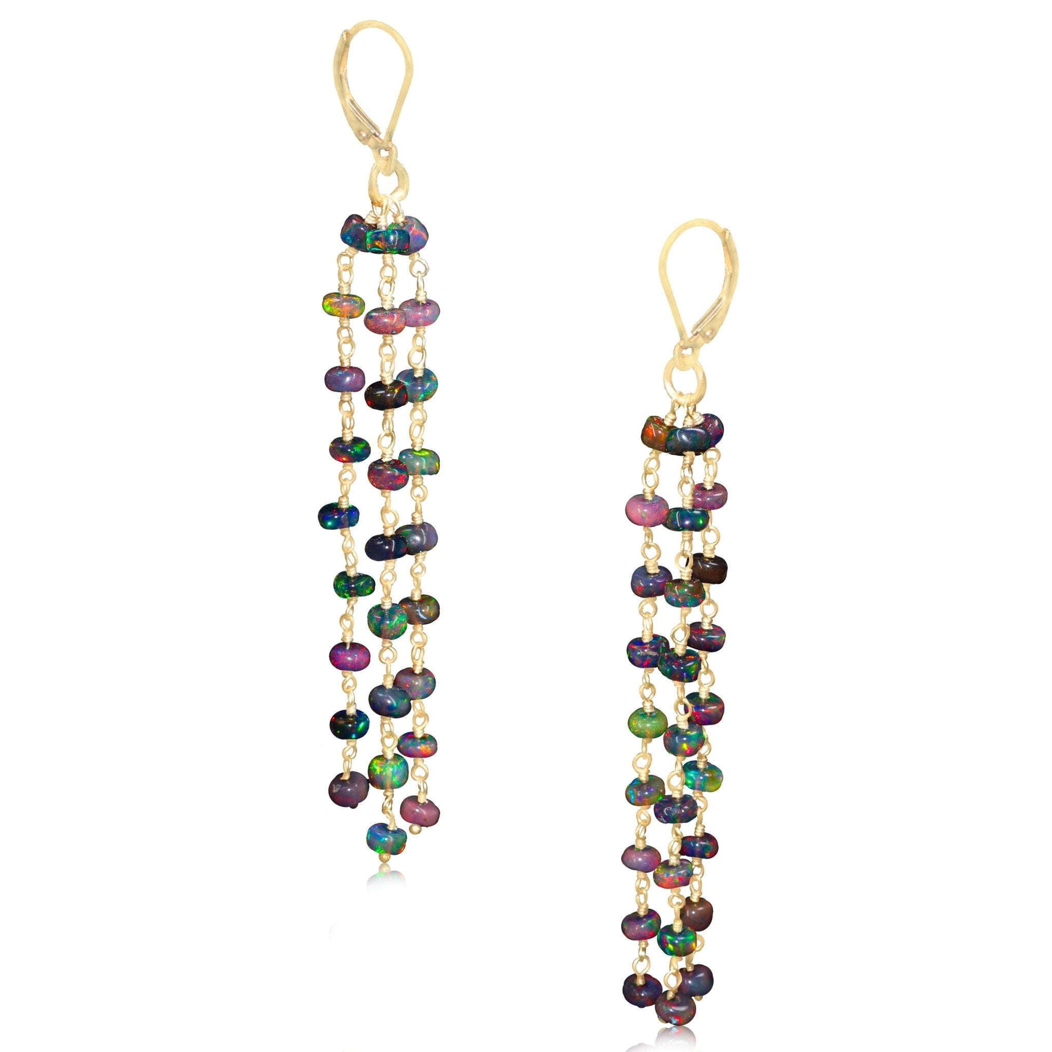 Natural Black Opal 3 Line Dangle Drop Handmade Earrings - Goodstone Jewels