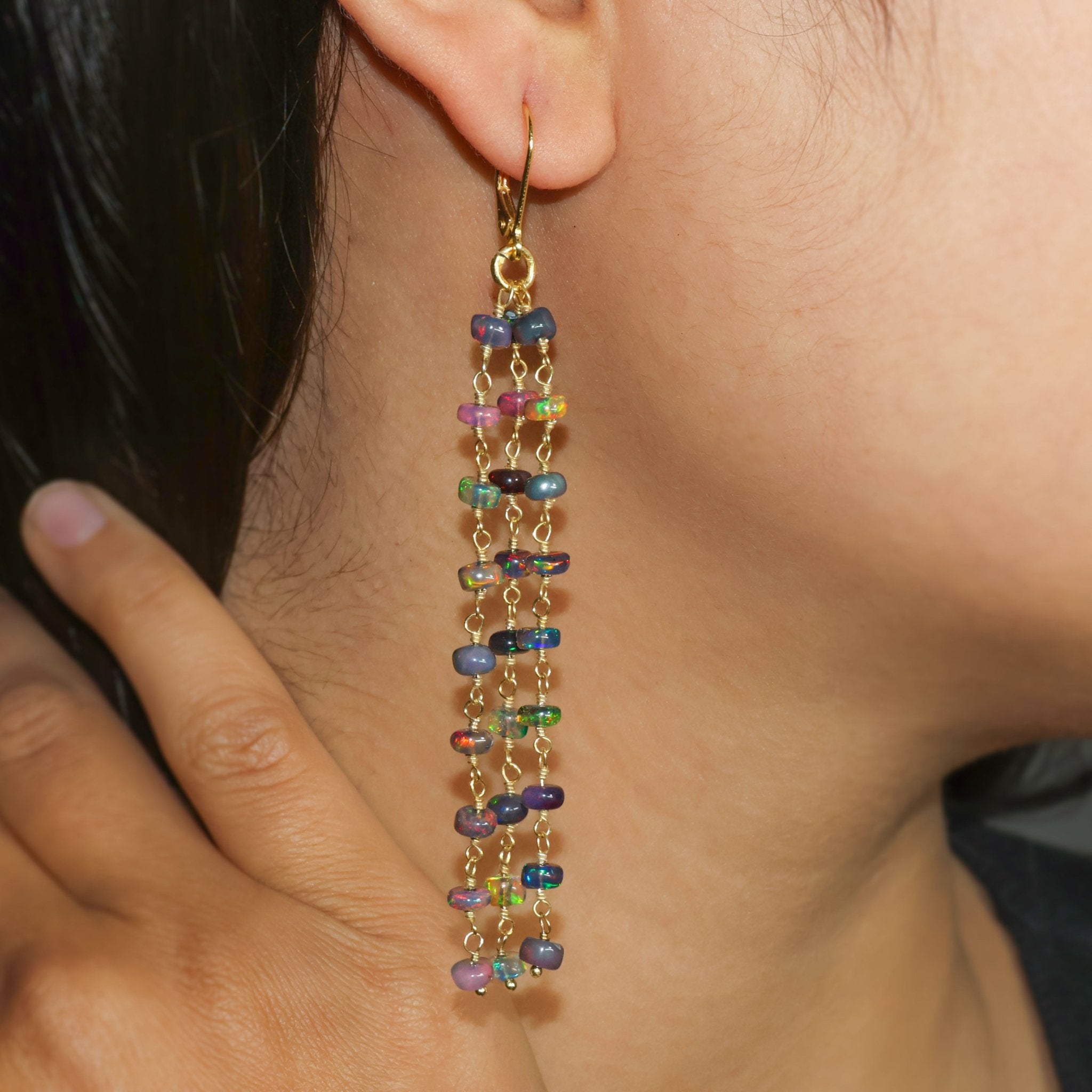 Natural Black Opal 3 Line Dangle Drop Handmade Earrings - Goodstone Jewels