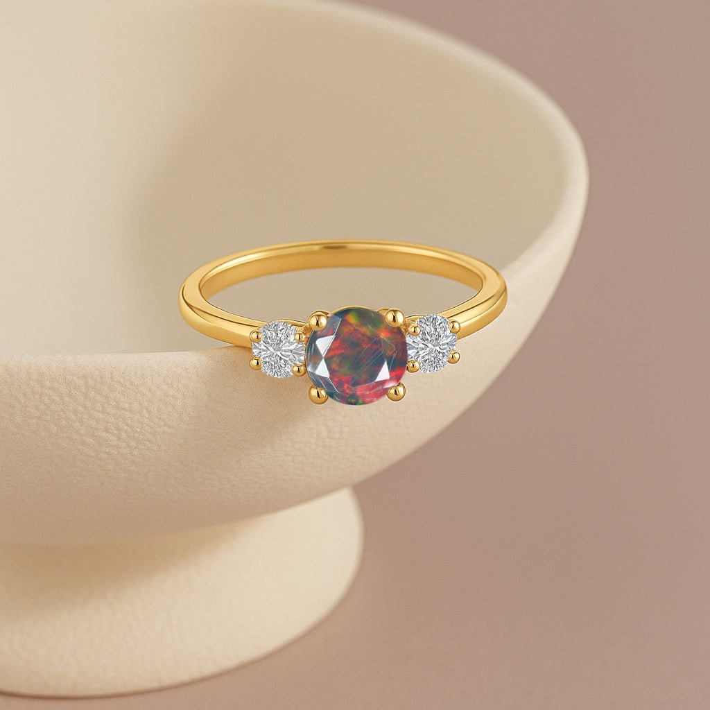 Natural Black Opal and Cubic Zircon Birthstone Trilogy Ring - Goodstone Jewels