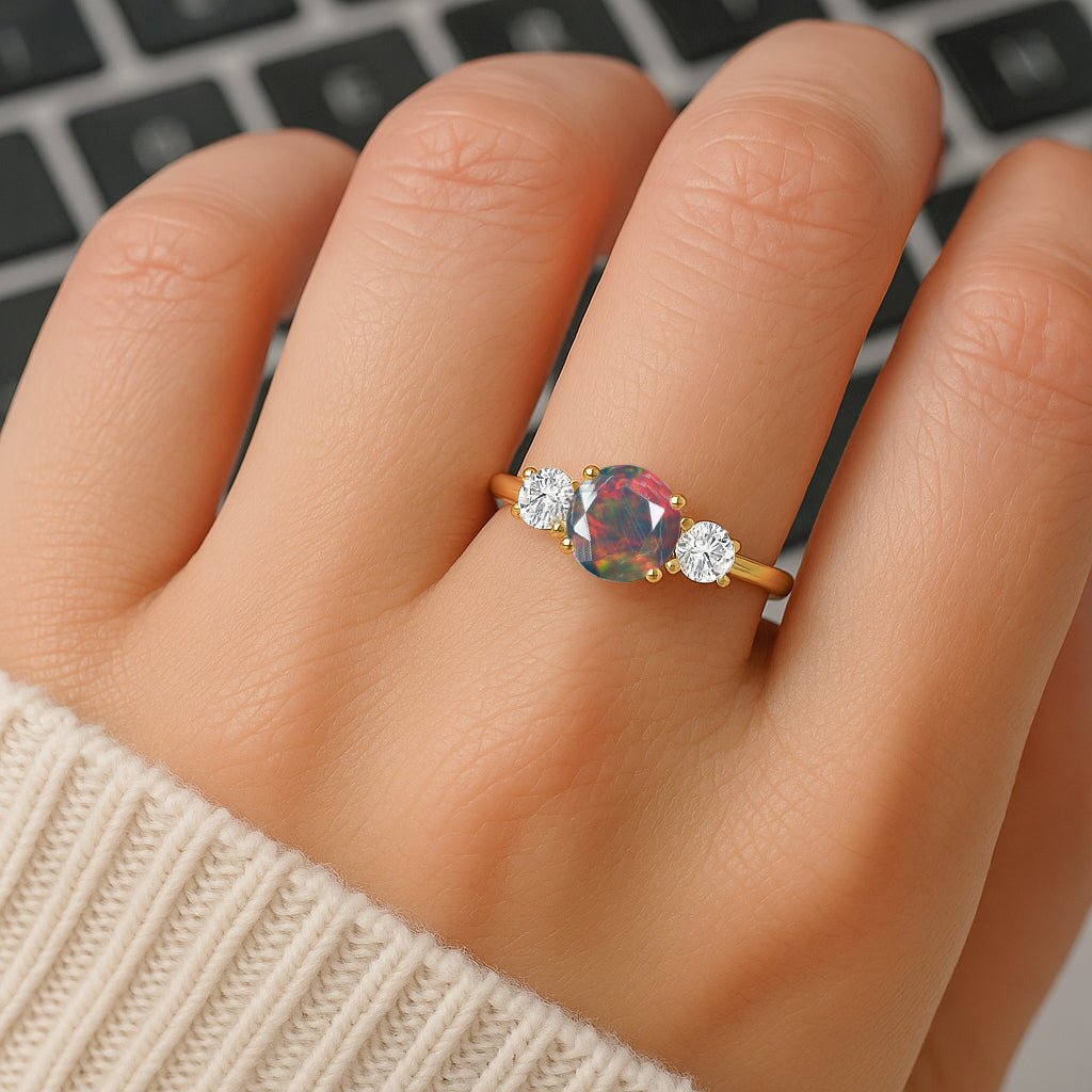 Natural Black Opal and Cubic Zircon Birthstone Trilogy Ring - Goodstone Jewels