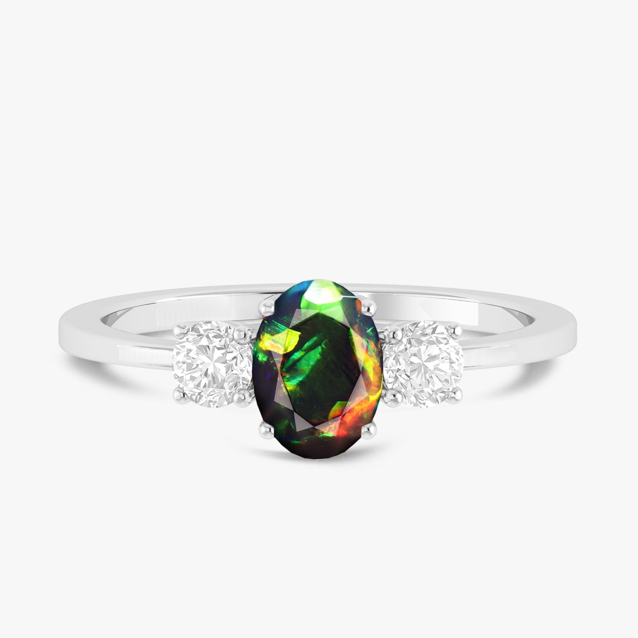 Natural Black Opal and White Zircon Engagement Three Stone Ring - Goodstone Jewels
