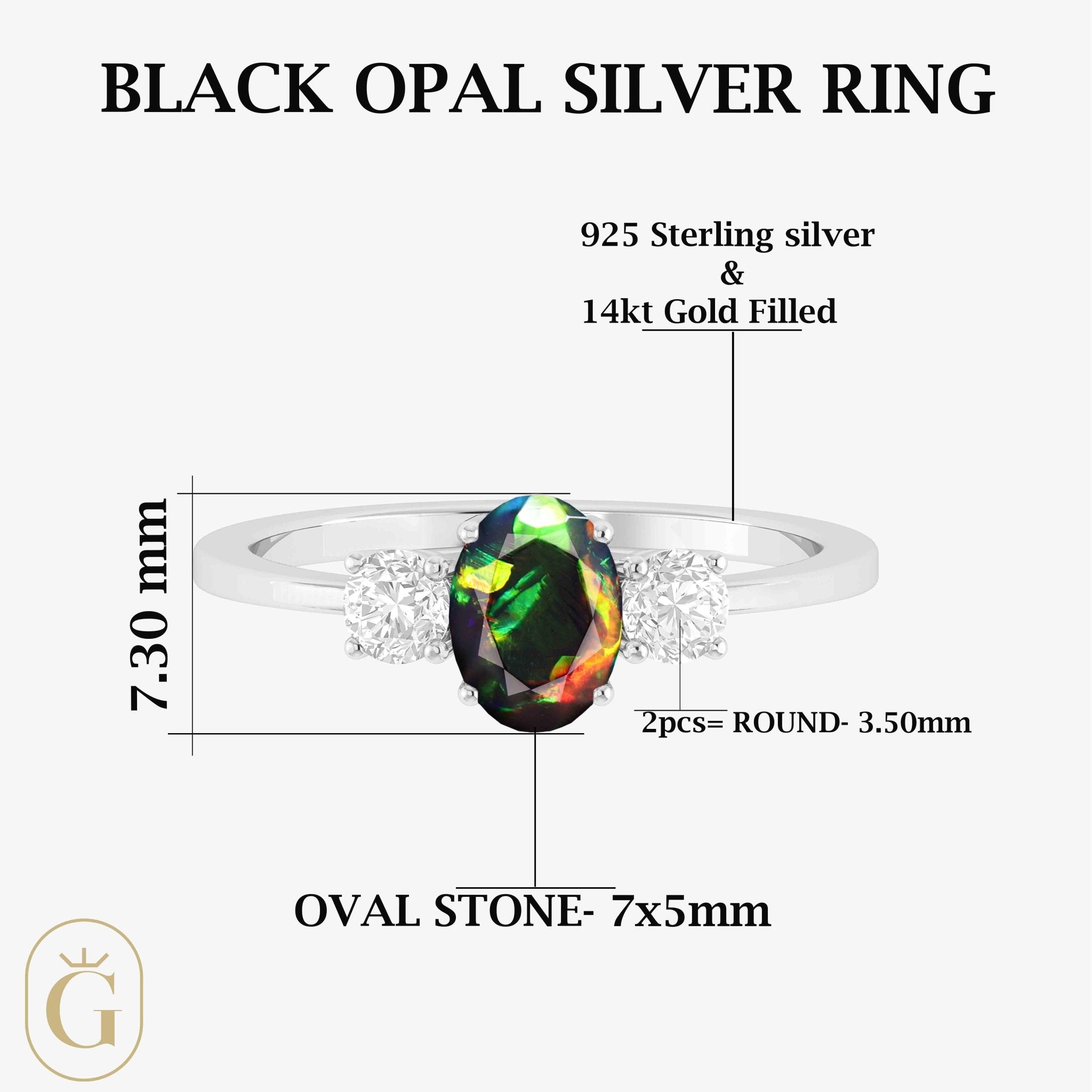 Natural Black Opal and White Zircon Engagement Three Stone Ring - Goodstone Jewels