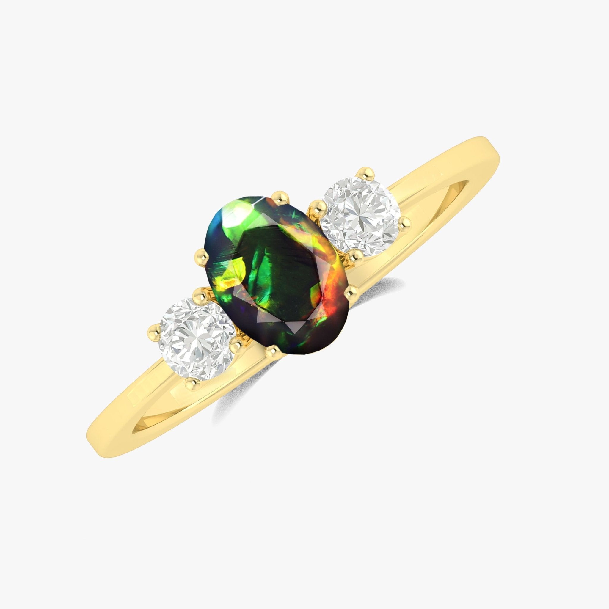 Natural Black Opal and White Zircon Engagement Three Stone Ring - Goodstone Jewels