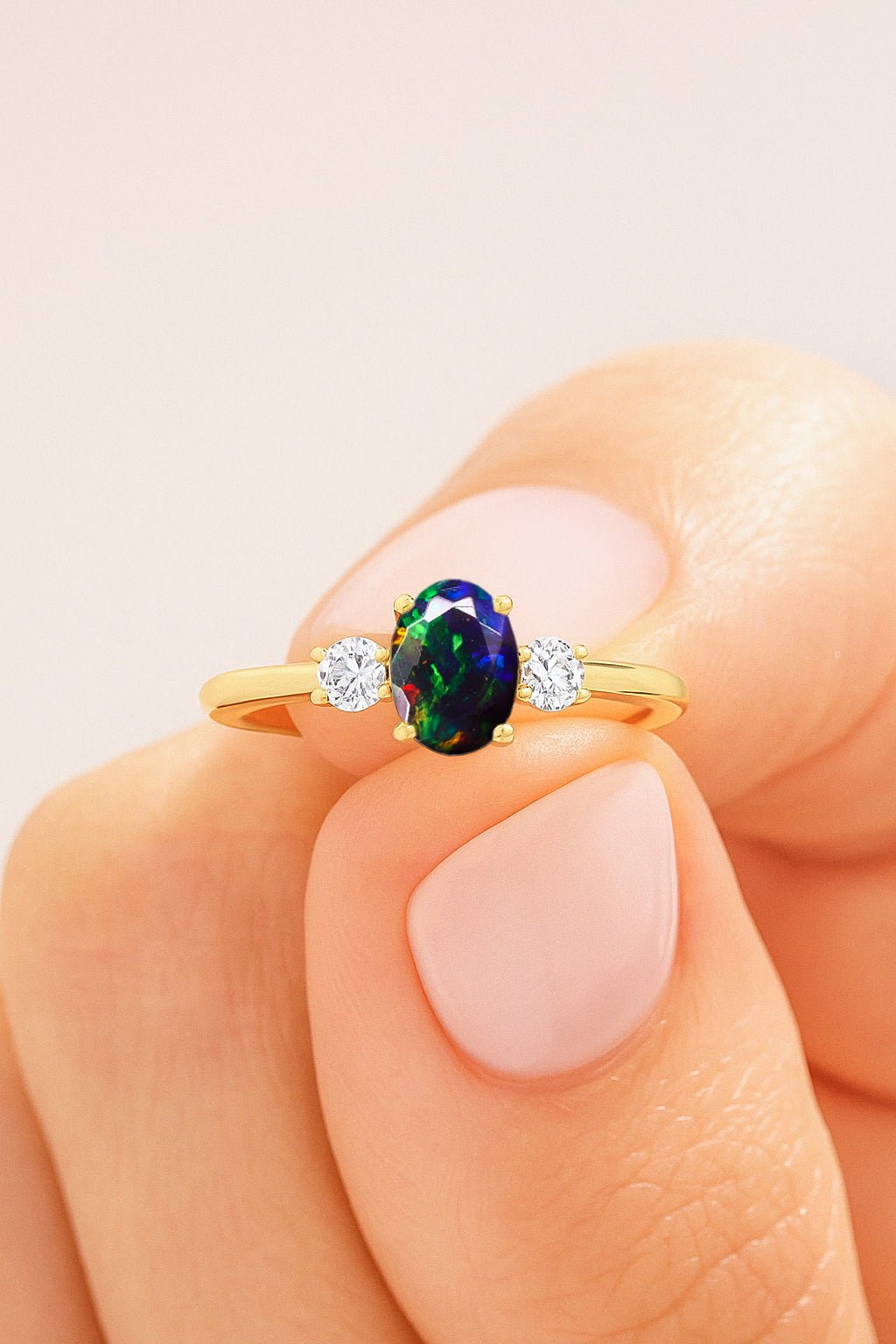 Natural Black Opal and White Zircon Engagement Three Stone Ring - Goodstone Jewels