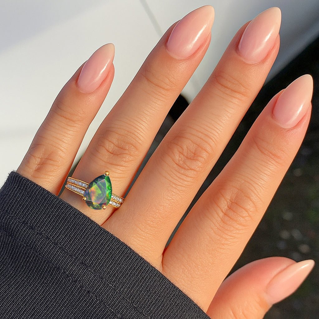 Natural Black Opal and White Zircon Solitaire with Accents Ring - Goodstone Jewels