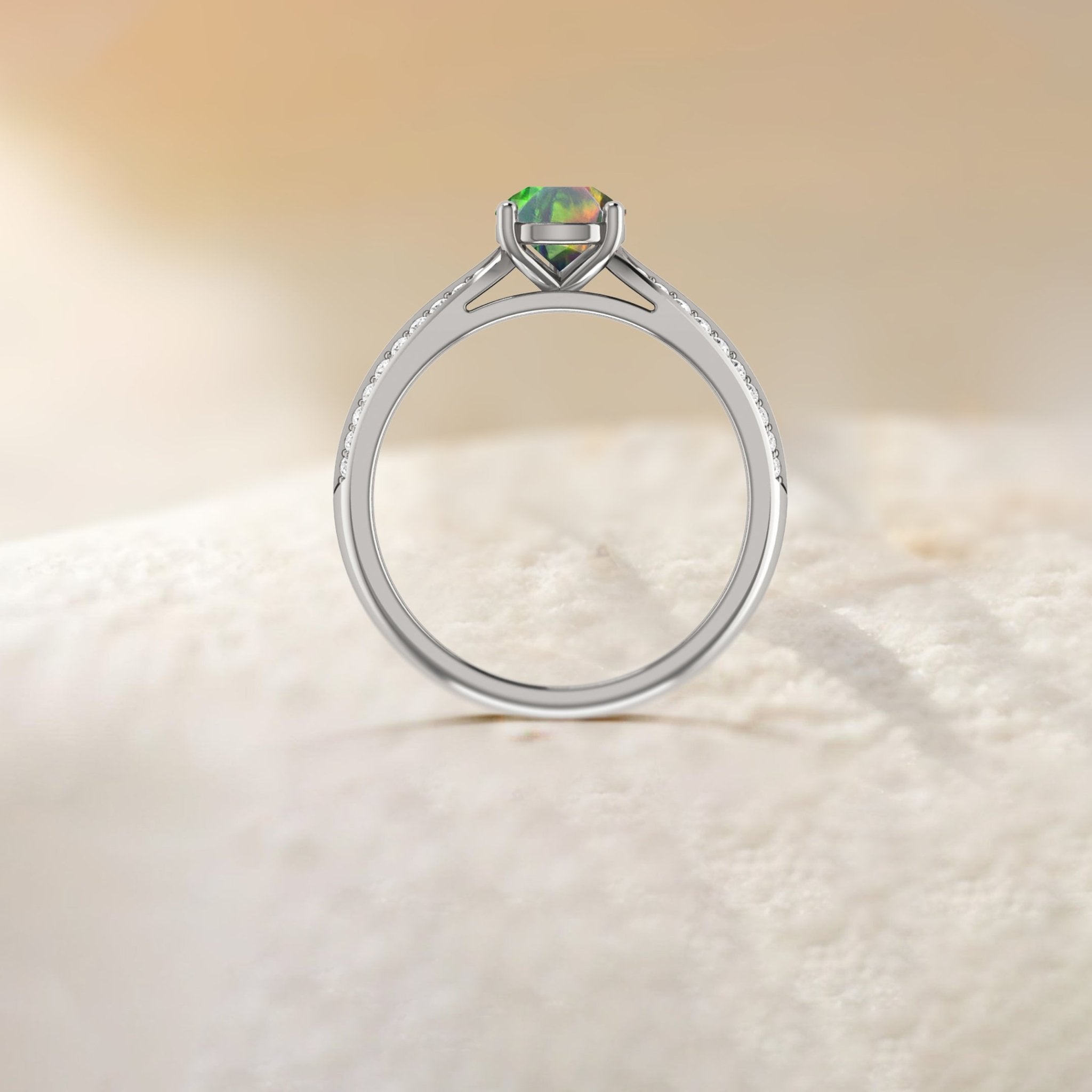 Natural Black Opal and White Zircon Solitaire with Accents Ring - Goodstone Jewels