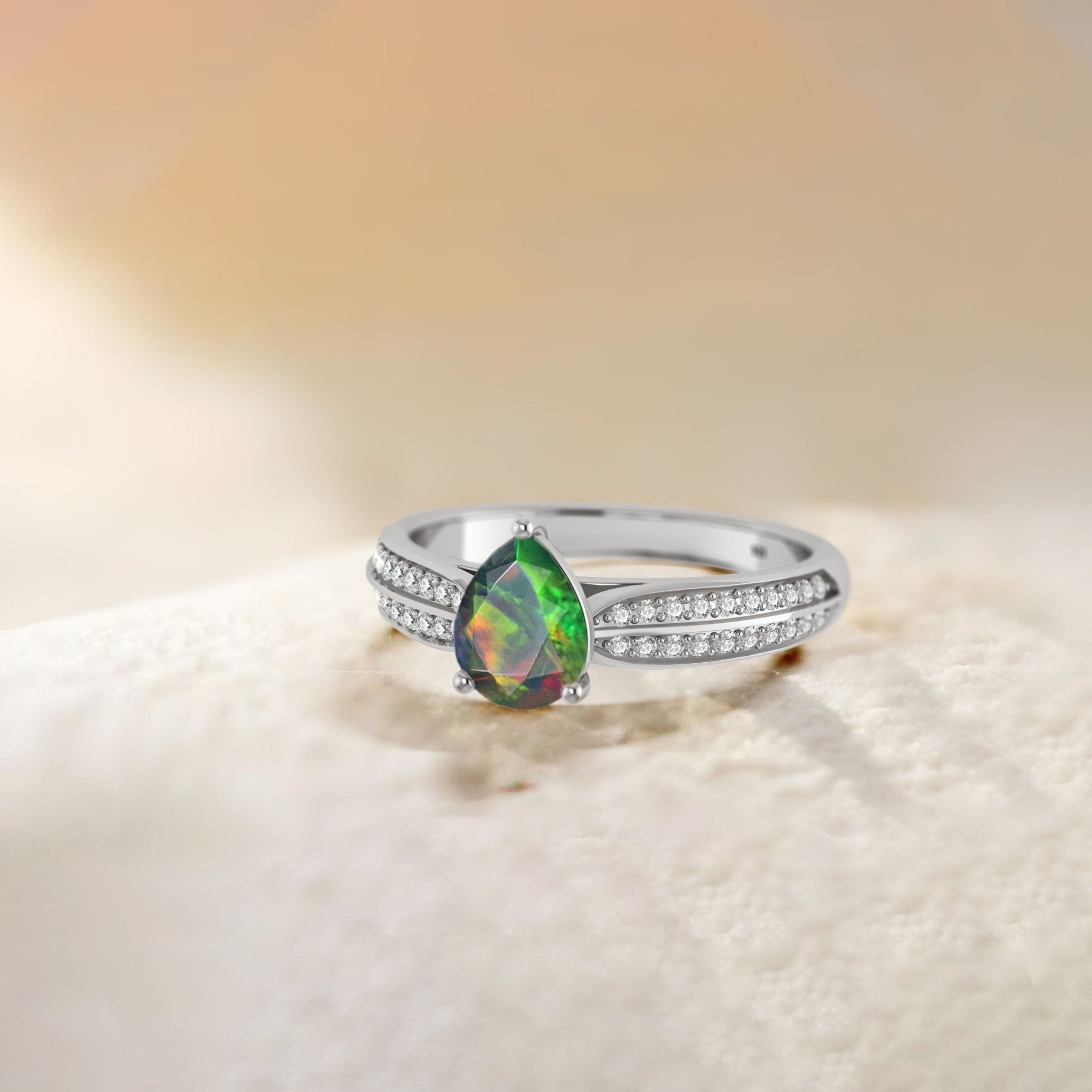 Natural Black Opal and White Zircon Solitaire with Accents Ring - Goodstone Jewels