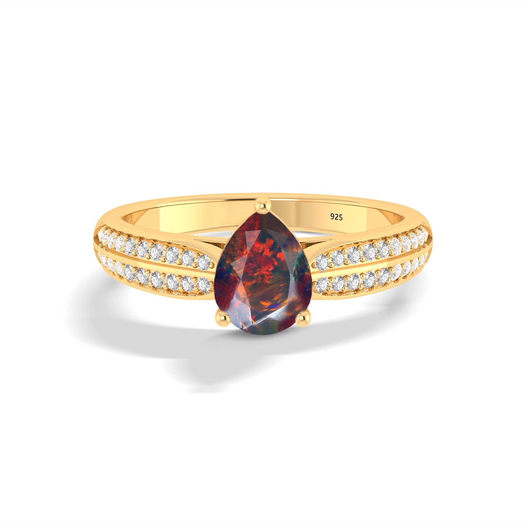 Natural Black Opal and White Zircon Solitaire with Accents Ring - Goodstone Jewels