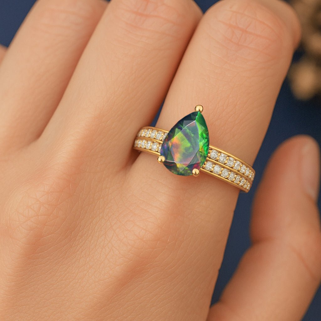 Natural Black Opal and White Zircon Solitaire with Accents Ring - Goodstone Jewels