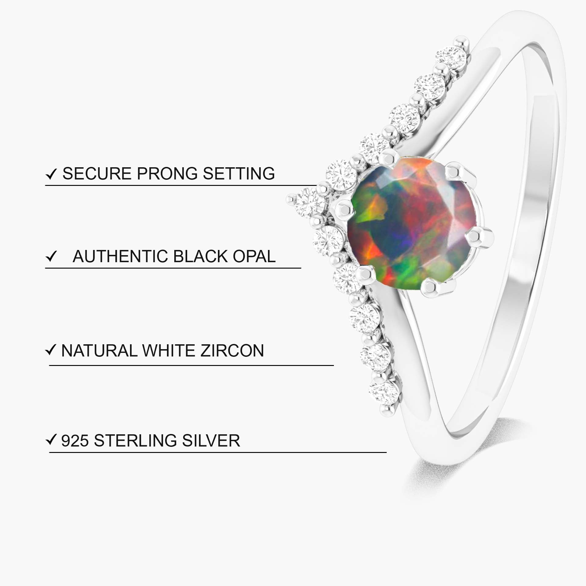 Natural Black Opal and White Zircon Sparkling Wishbone Ring - Goodstone Jewels