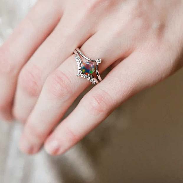 Natural Black Opal and White Zircon Sparkling Wishbone Ring - Goodstone Jewels