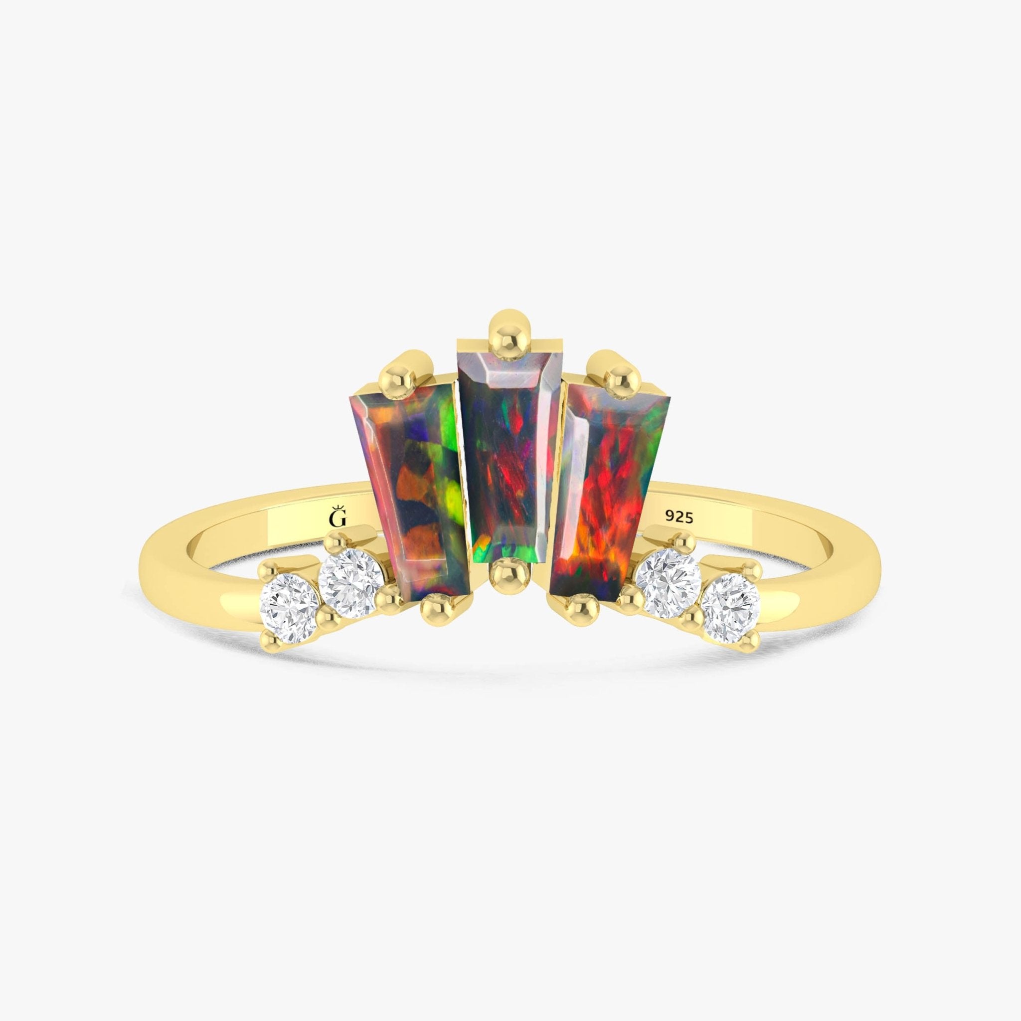 Natural Black Opal Baguette Stone Wishbone Crown Style Ring - Goodstone Jewels