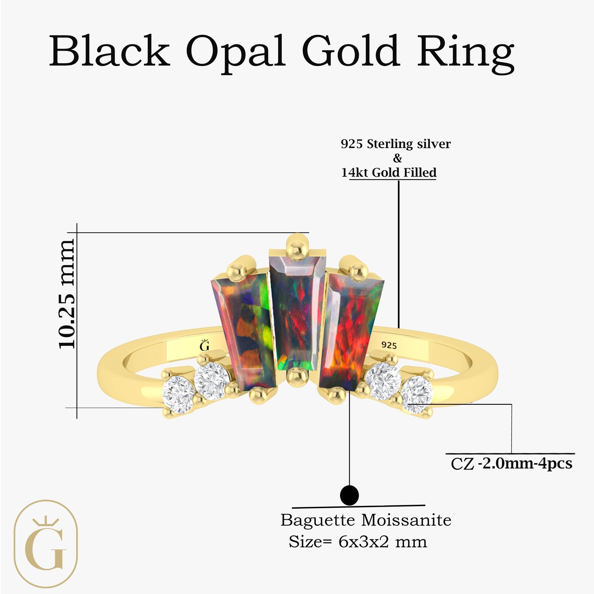 Natural Black Opal Baguette Stone Wishbone Crown Style Ring - Goodstone Jewels