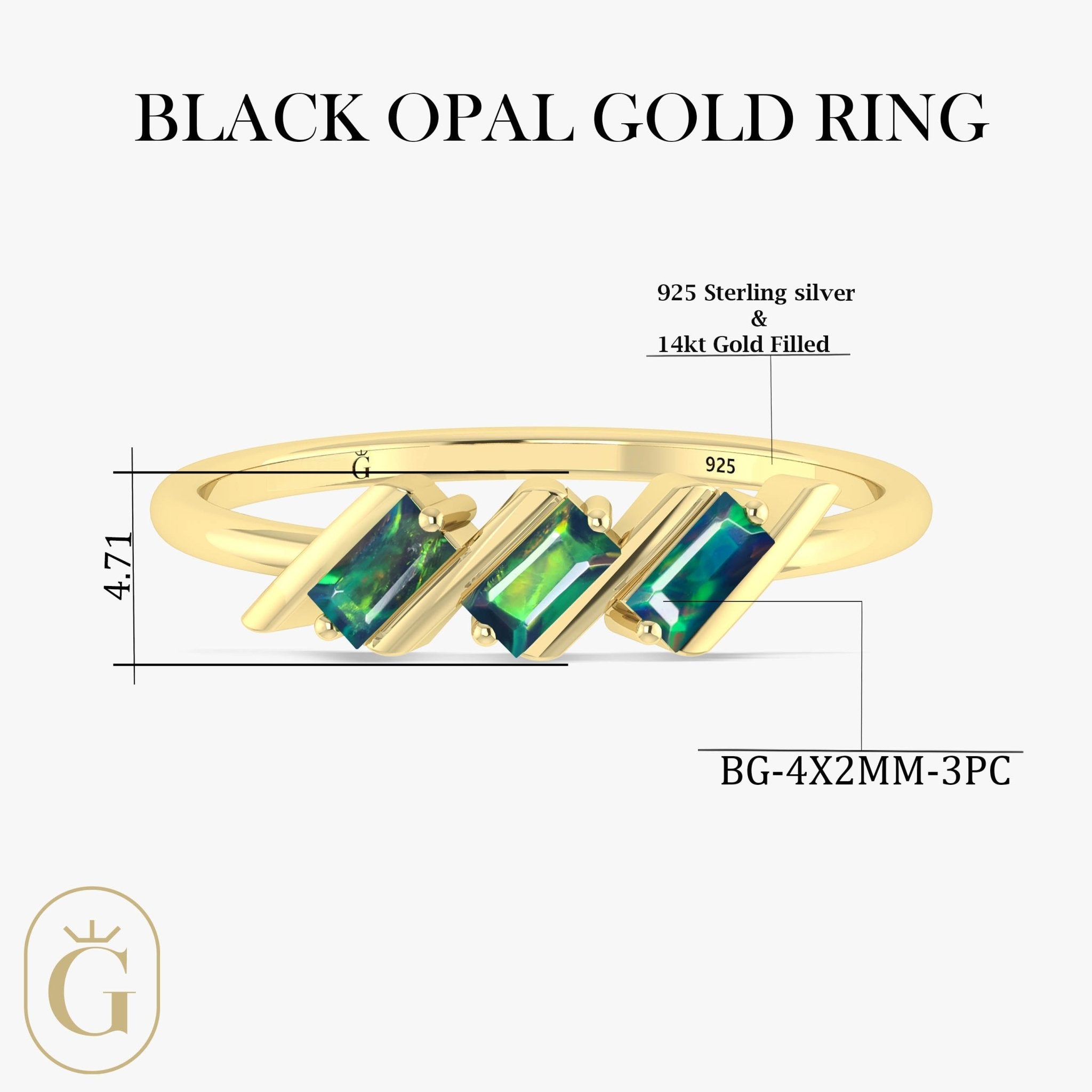Natural Black Opal Baguette Style Three Stone Ring in Gold Filled & Sterling Silver - Goodstone Jewels