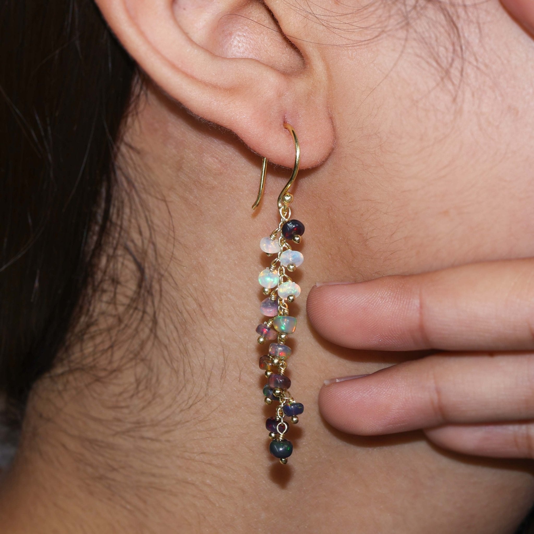 Natural Black Opal Beaded Long Cluster Dangle Earrings - Goodstone Jewels