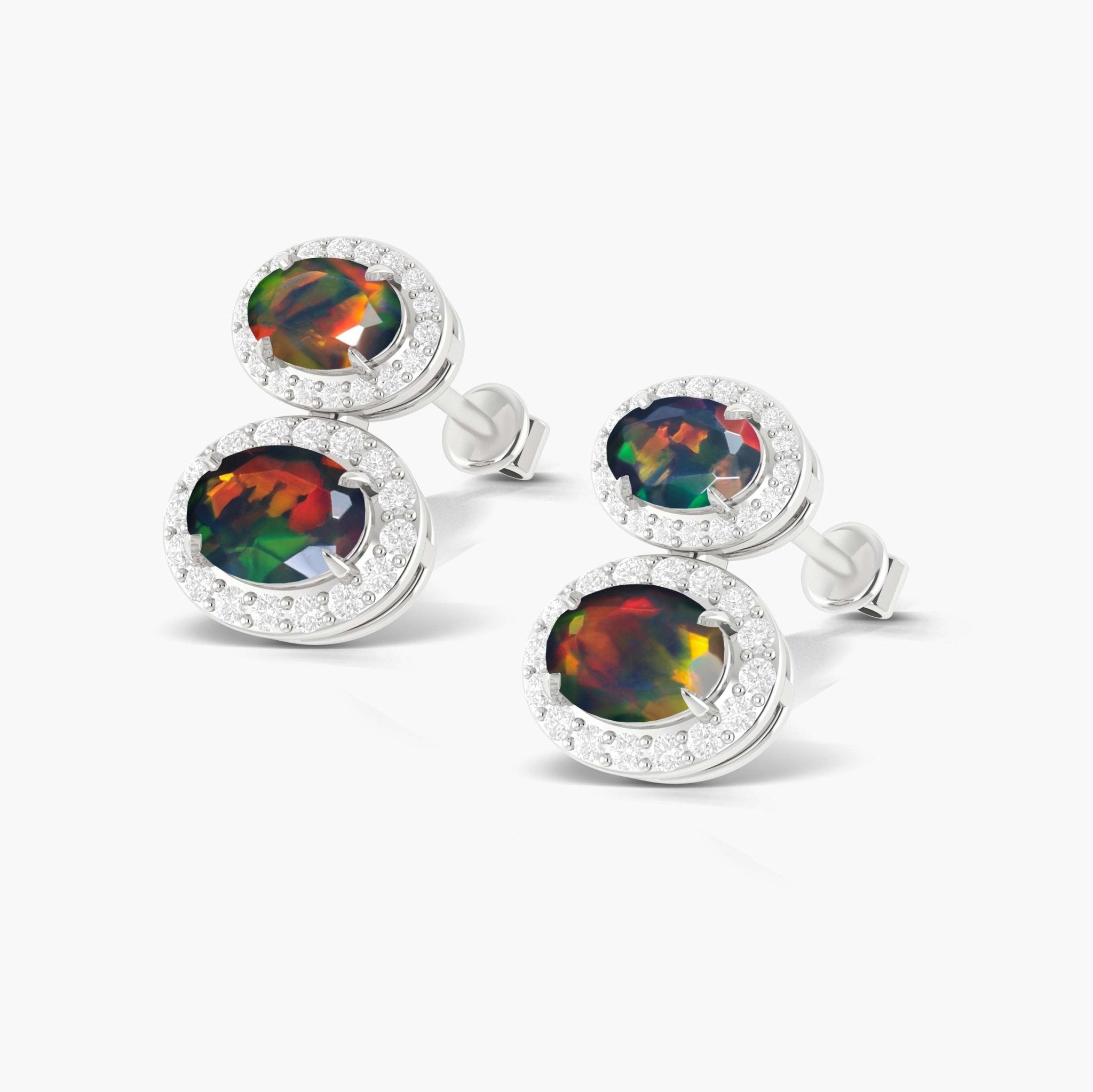 Natural Black Opal Dual Stone Halo Stud Earrings - Goodstone Jewels
