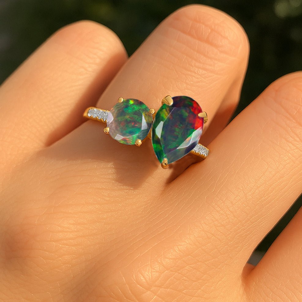 Natural Black Opal Dual Stone Promise Ring For Her - Goodstone Jewels