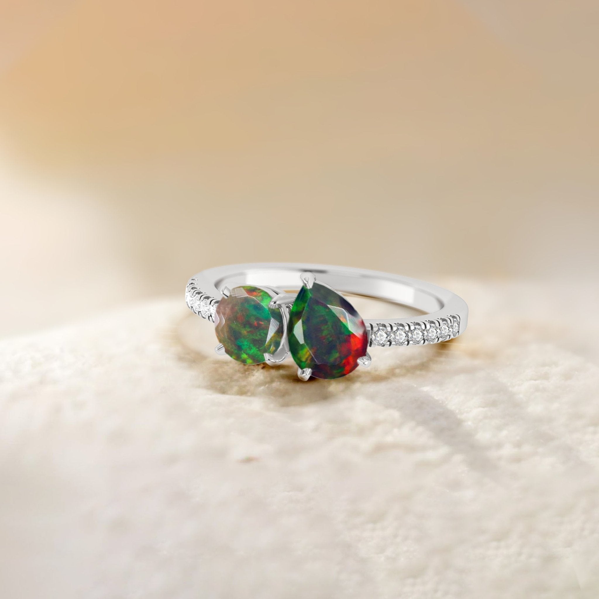 Natural Black Opal Dual Stone Promise Ring For Her - Goodstone Jewels