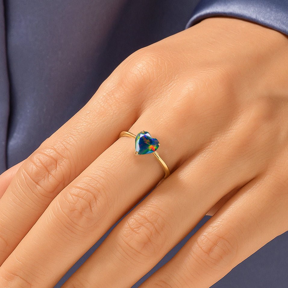 Natural Black Opal Gemstone Heart Ring in Yellow Gold Filled & 925 Silver - Goodstone Jewels