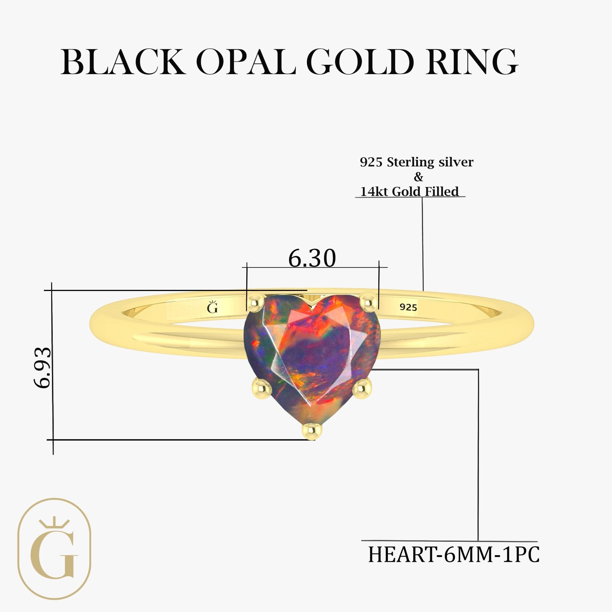 Natural Black Opal Gemstone Heart Ring in Yellow Gold Filled & 925 Silver - Goodstone Jewels