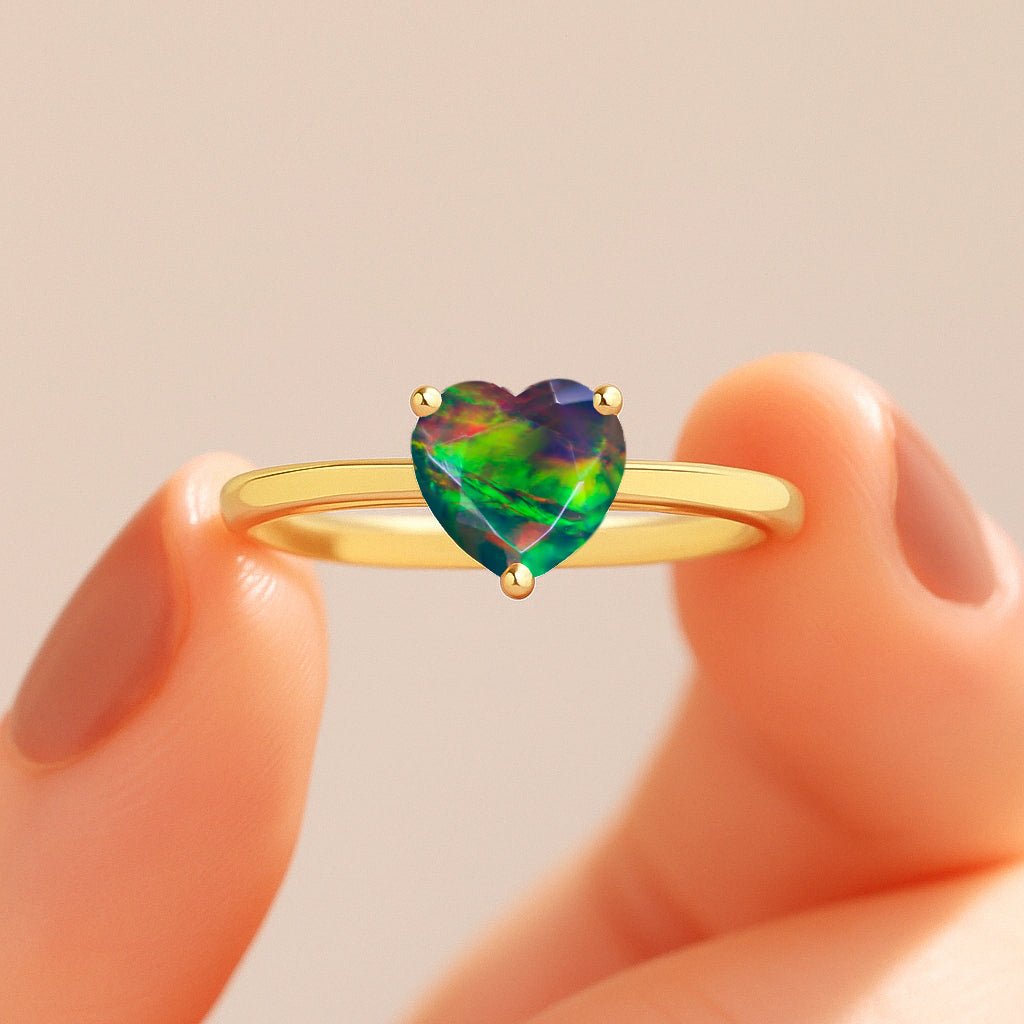 Natural Black Opal Gemstone Heart Ring in Yellow Gold Filled & 925 Silver - Goodstone Jewels