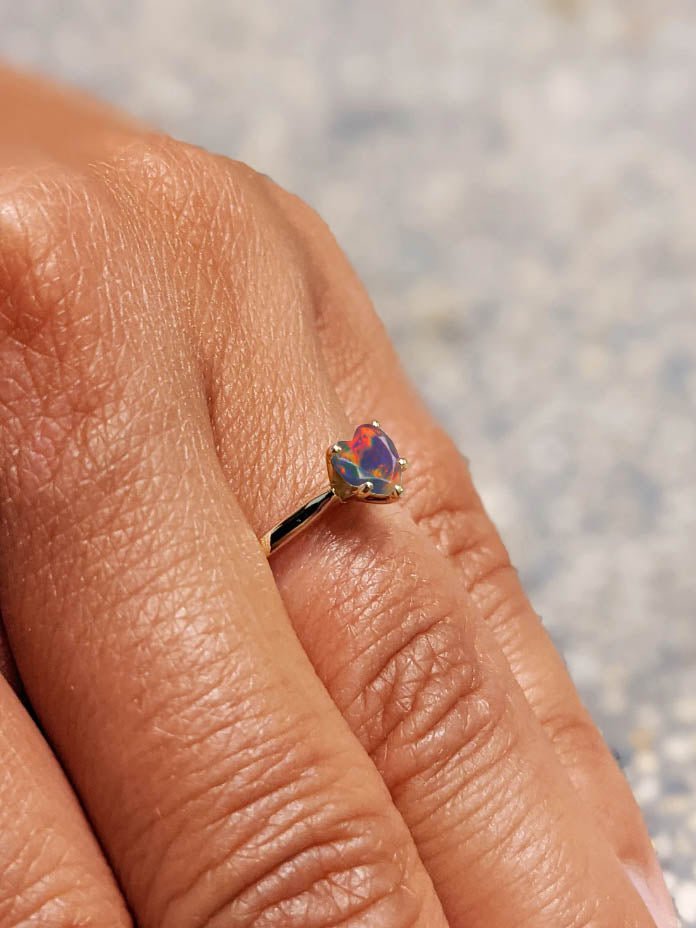 Natural Black Opal Gemstone Heart Ring in Yellow Gold Filled & 925 Silver - Goodstone Jewels